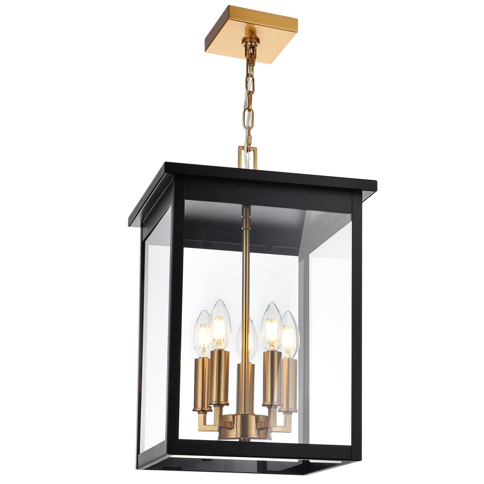 3-Lights Large Outdoor Pendant Lighting Clear Glass, Ceiling Porch Light Fxitures Adjustable Chain for Foyer Patio, Exterior Hanging Lantern Lamp, E12 Bulb Base, Black & Bruhed Brass