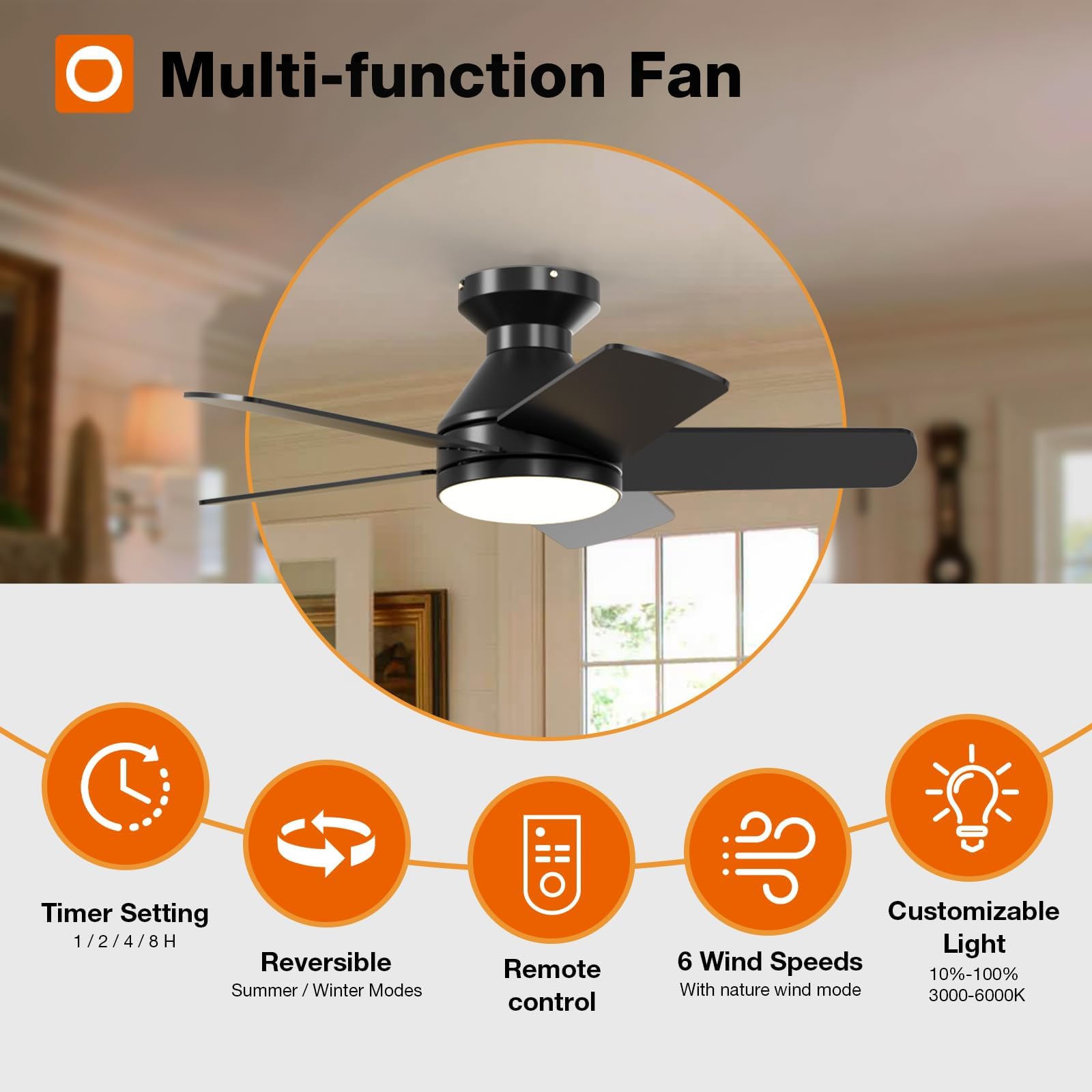 Ceiling Fans with Lights, 42 Inch Low Profile Ceiling Fan with Light and Remote Control, Flush Mount, Reversible, 3CCT, Dimmable, Quiet, Black Small Ceiling Fan for Bedroom Indoor/Outdoor Use