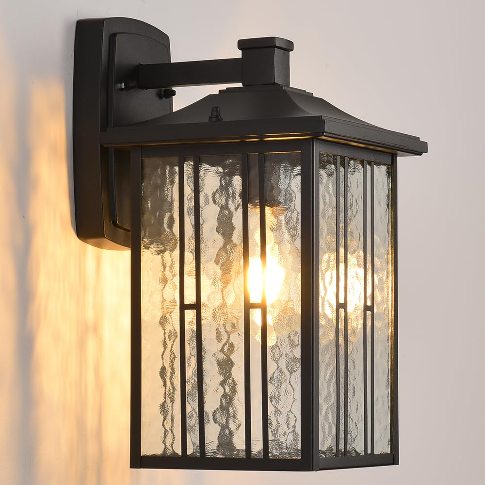 Outdoor Pendant Light, Black Exterior Hanging Lights, LED Outdoor Chandelier, Modern Hanging Lantern for Porch, Ceiling Entry Porch Patio Matte Black with Water-Rippled Glasses