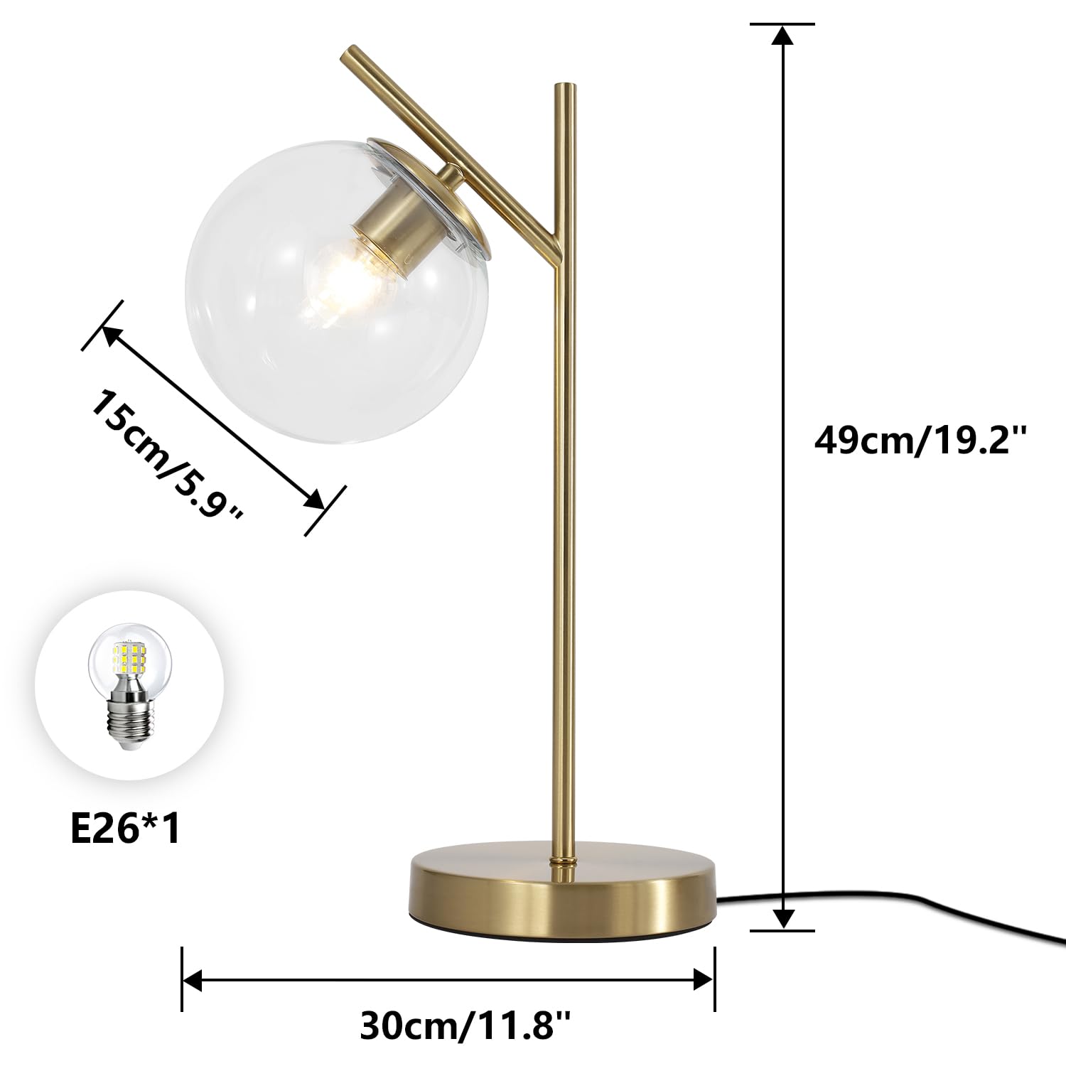 Globe Table Lamp 1 Light Brass Glass Globe Table Lamp Contemporary Metal Table Lamp Bedside Table lamp with Milky White Glass lampshade Bedroom Living Room Study Room(H19.2)