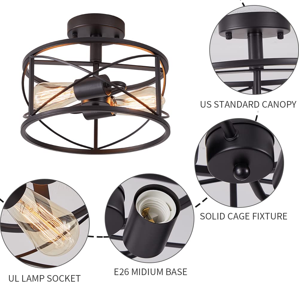 Black Semi Flush Ceiling Light Fixture, 2-Light Farmhouse Flush Mount Light Fixtures, Modern Industrial Metal Cage Pendant Lighting for Hallway, Bedroom, Kitchen, Foyer, Living Room, Dining Room