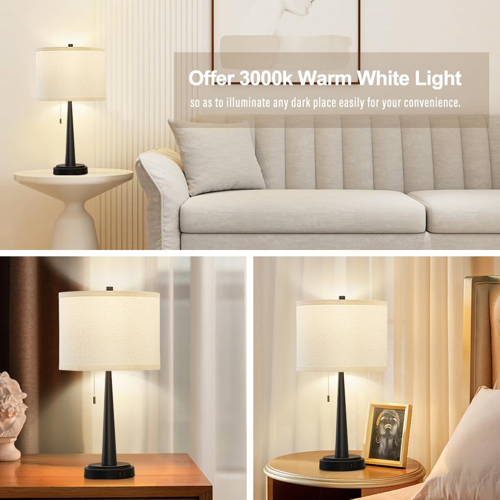 Table Lamp Set of 2, Beside Lamps with USB-C+A Nightstand Lamp with Pull Chain Swtich Modern Led Table Lamp for Living Room, Bedroom & Office-9W Led Bulbs Included(Matte Black)