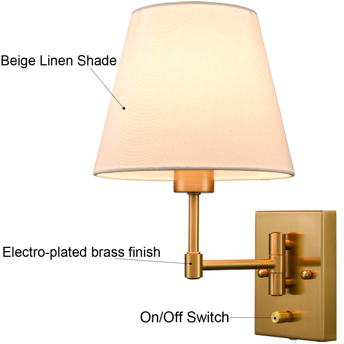 Gold Plug-in Wall Sconces Set of Two Beige Shade Brass Swing Arm Wall Lamp with Plug-in Cord Wall Mount Reading Light for Bedroom Living Room