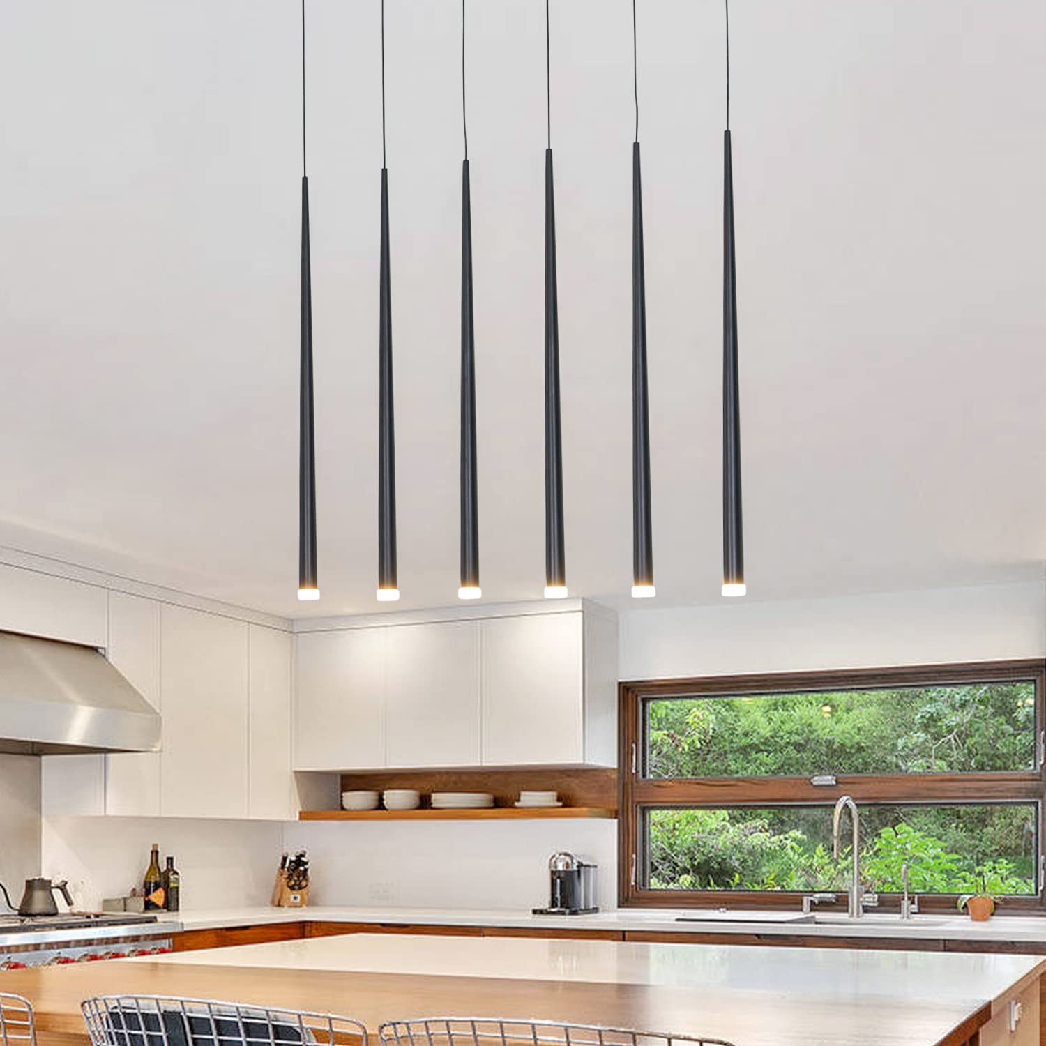 Modern Pendant for Kitchen Island, Linear Chandelier 6 Lights Cluster Bar for Dining Room, Black Warm White Dimmable