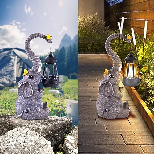 Solar Outdoor Garden Statues Lights, Elephant Figurines with Cute Birds Garden Sculpture Decor, Lucky Elephant Mother Gifts for Women, Men or Daughter, Unique Housewarming Gifts and Yard Decoration