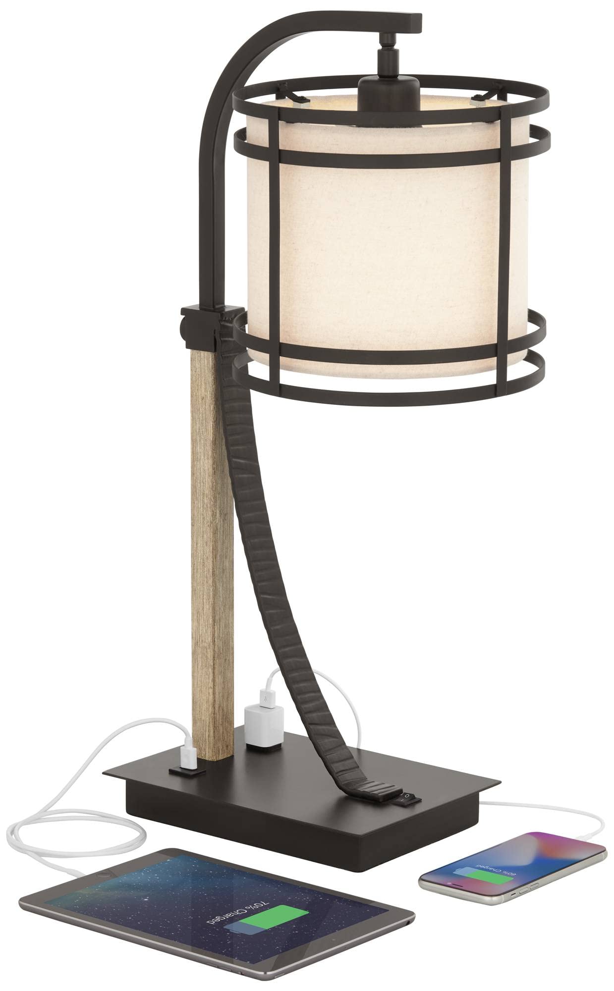 Industrial Desk Table Lamp 22" High with USB and AC Power Outlet in Base Oil Rubbed Bronze Faux Wood Metal Cage Oatmeal Drum Shade for Bedroom Living Room House Desk