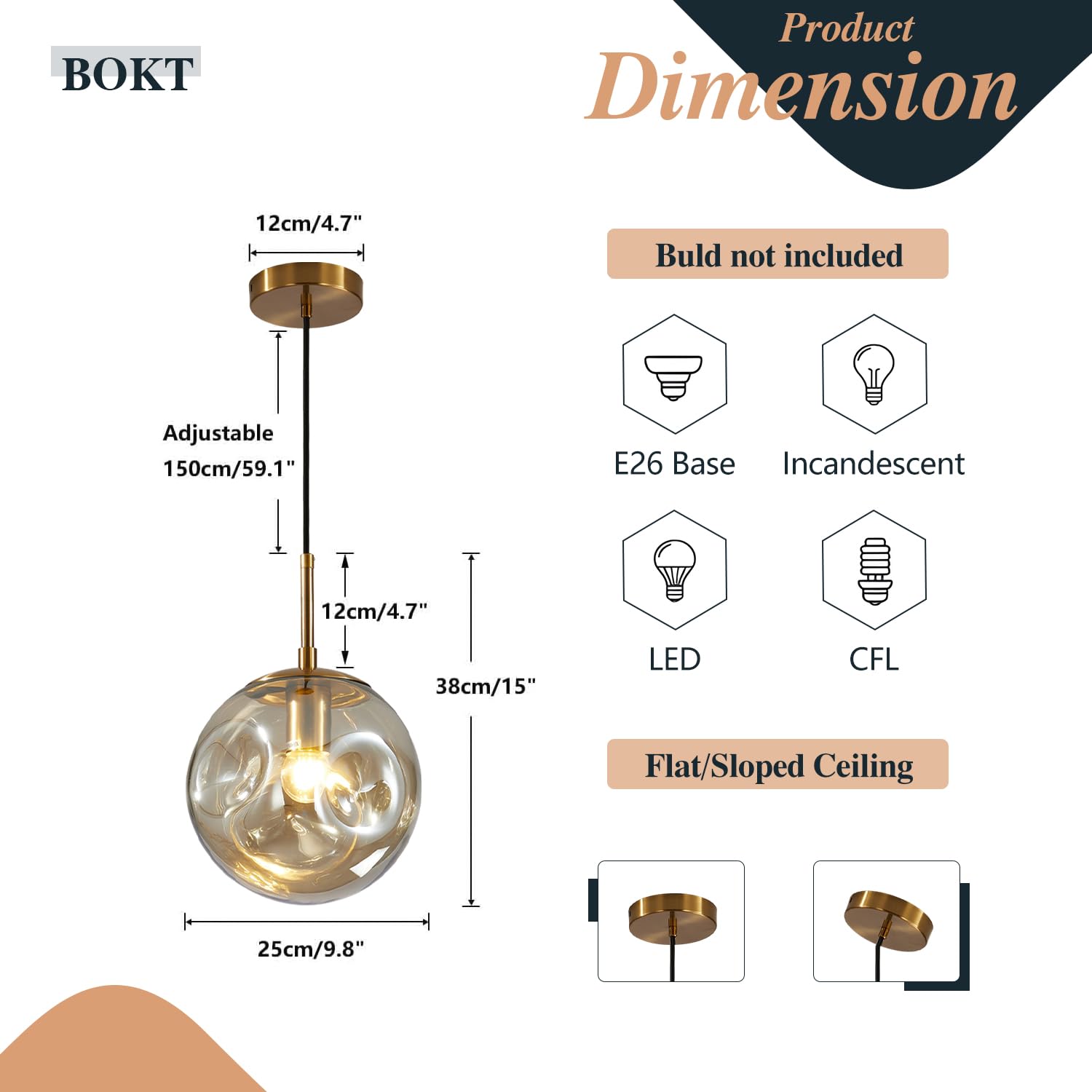 BOKT Modern Gold Kitchen Island Pendant Light Mid Century 3-Lights Globe Pendant Light Fixture Cluster Multi Light Pendant Lighting Bedside Glass Ball Pendant Lamp