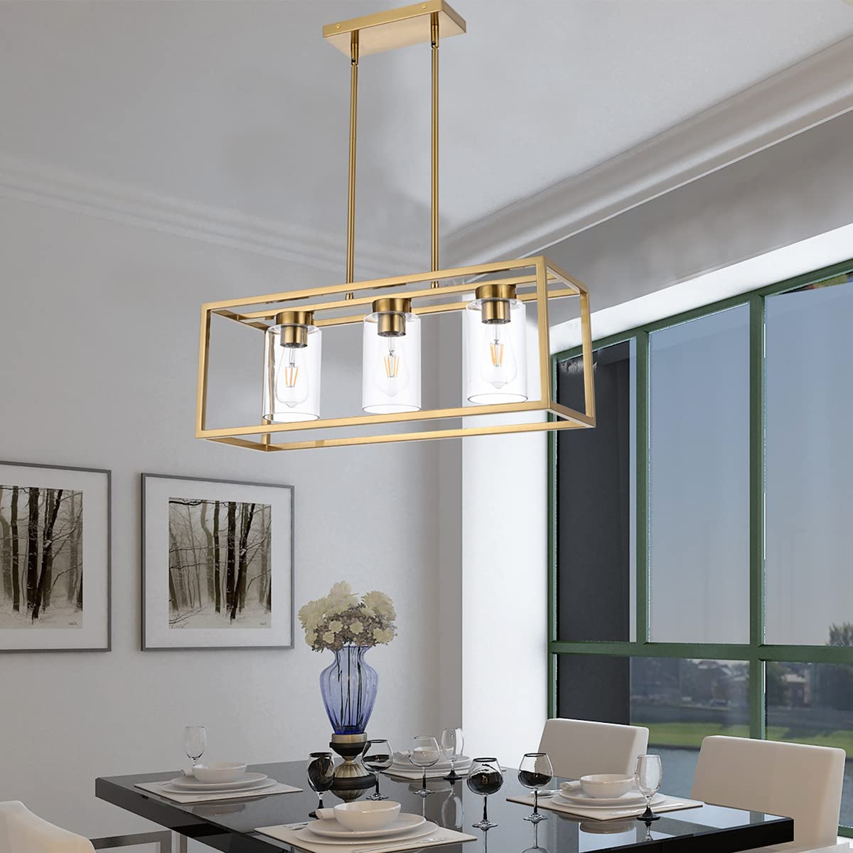 Farmhouse Chandelier for Kitchen Island, Matte Black 5-Light Dining Room Lighting Fixtures, Modern Rectangular Pendant Lighting Chandelier with Clear Glass Shade