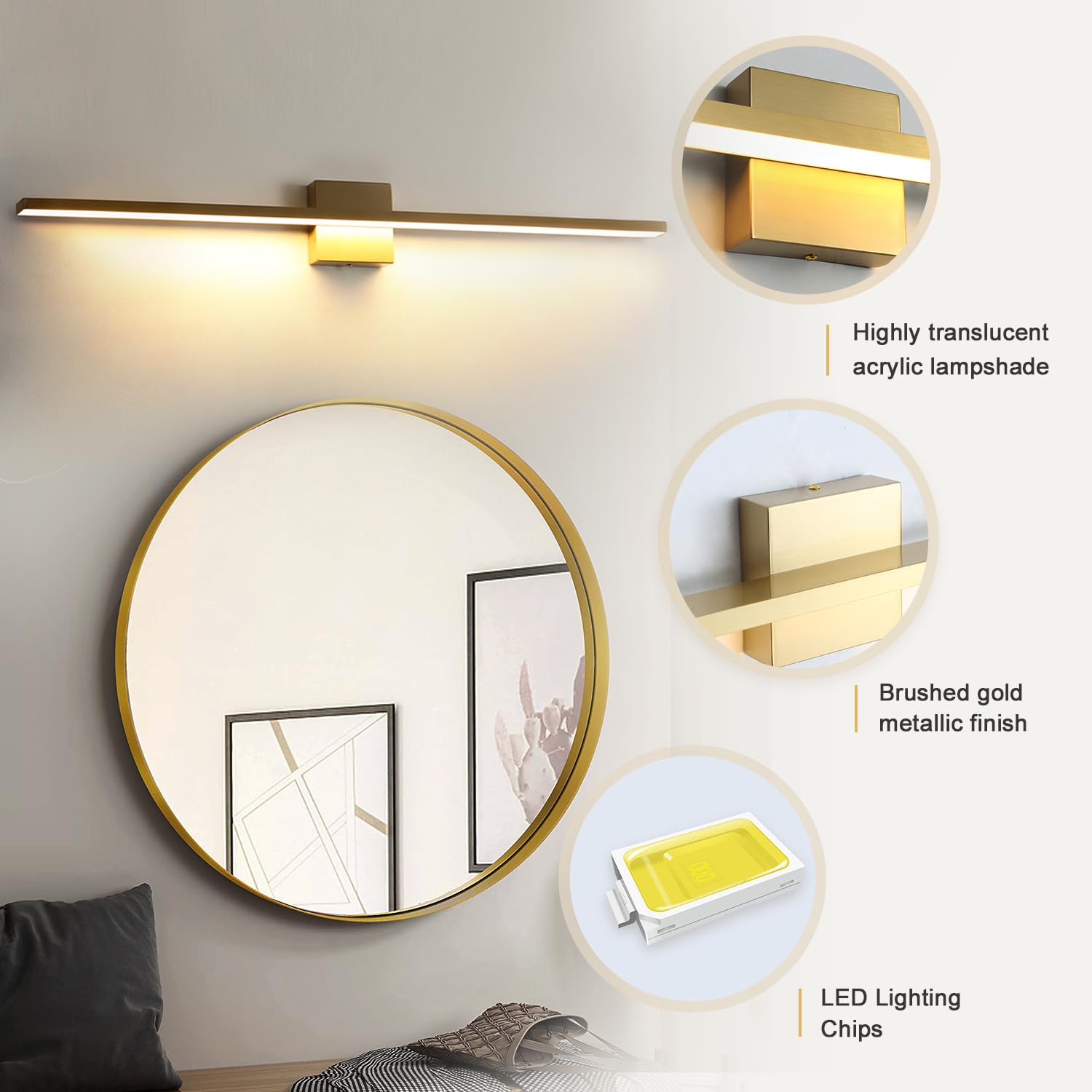 Gold Bathroom Light Fixtures Over Mirror, 20 Inch Brushed Brass Bathroom Vanity Light, LED Modern Wall Sconce 3000K Bar Vanity Lights for Bathroom Mirror Cabinets Bedroom