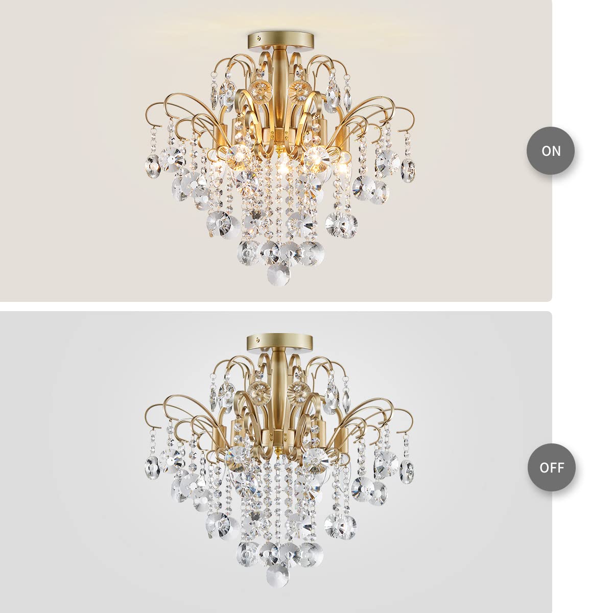 Crystal Chandelier Flushmount Ceiling Light Modern Lighting Fixture for Bedroom Hallway Bar Kitchen Bathroom, H 17.5'' x W 19.3'', E12 Base, Gold