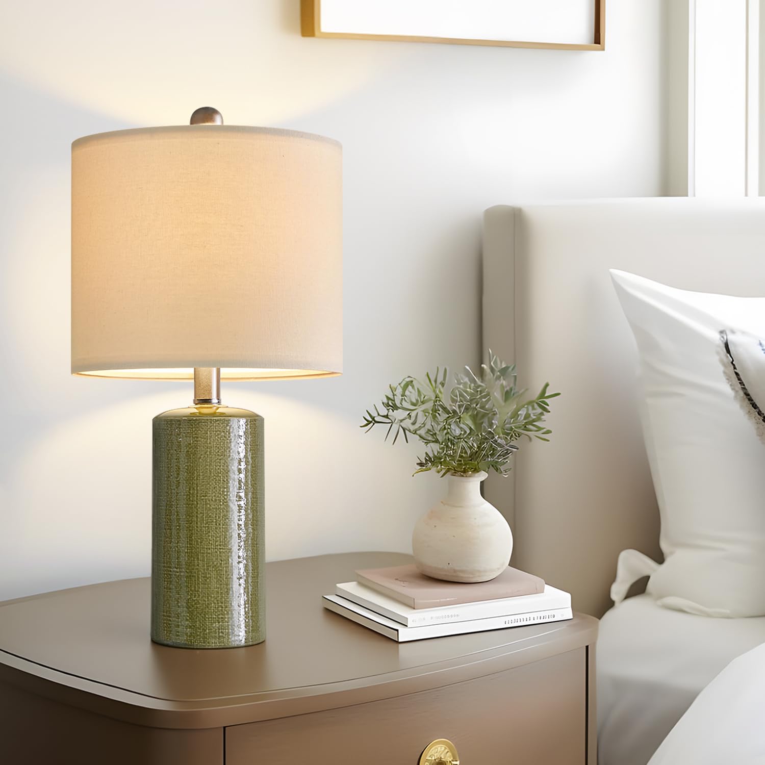 20.25" Small Single Table Lamp for Bedroom Modern Ceramic Nightstand Lamp Farmhouse Bedside Lamp Boho Living Room Lamp White Side Table Lamp End Table Lamp