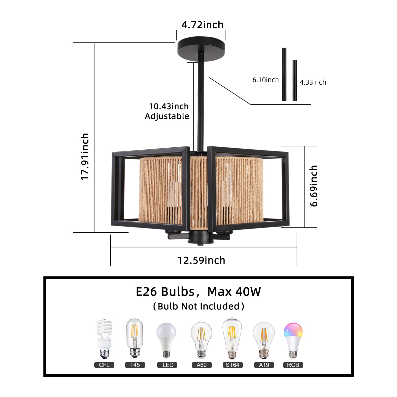 4 Light Semi Flush Mount Ceiling Light 15.7 Inches Light Fixture with Metal Frame Fabric Shade Modern Ceiling Light for Living Room Bedroom Kitchen Dining Room Entryway Hallway