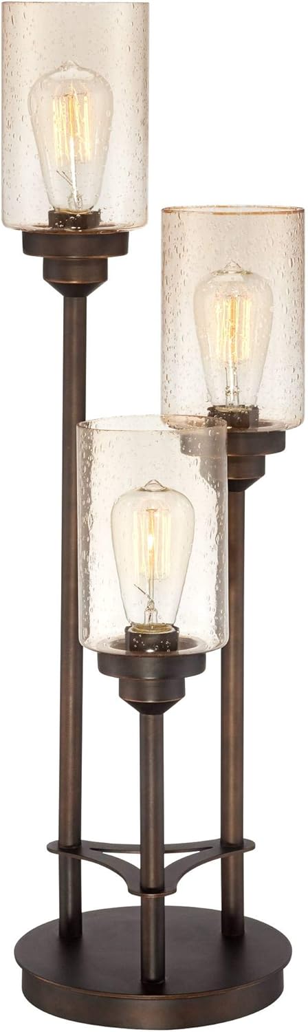 Modern Industrial Rustic Farmhouse Table Lamp 30" Tall Full Size Bronze Metal 3-Light LED Amber Seeded Cylinder Glass for Living Room Bedroom House Bedside Nightstand