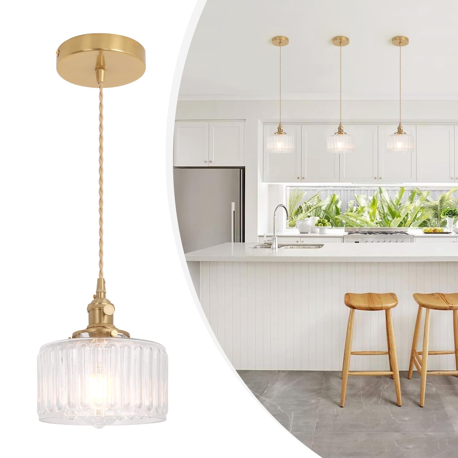 Pendant Light with White Pleated Ceramic Lmapshade, Brass Vintage Pendant Light Adjustable Hanging Light for Kitchen Island Dining Room Hallway 7.87 Inch Diam