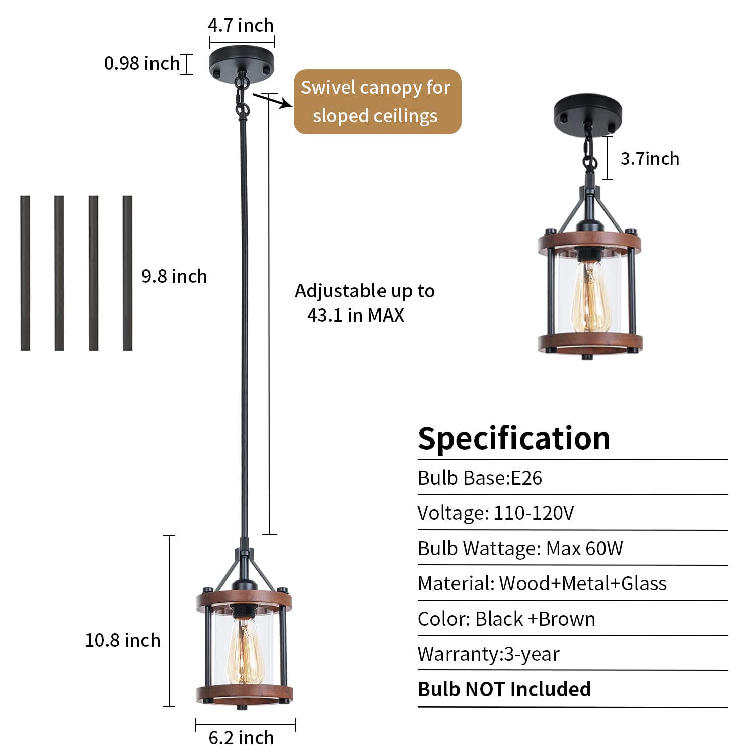 Farmhouse Pendant Light in Wood and Metal Cage, Rustic Brown Wood Pendant Light with Glass, Adjustable Hanging Light Fixtures, Mini Pendant Lighting for Kitchen Island, Hallway, Foyer, 1 Pack