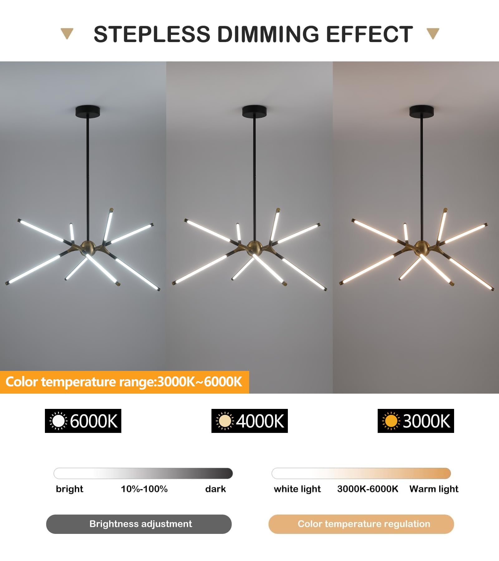 Modern LED Chandeliers for Dining Room,Black and Oak White Farmhouse Sputnik Dimmable Chandelier with Remote for Living Room Kitchen Office Hotel Restaurant Lobby