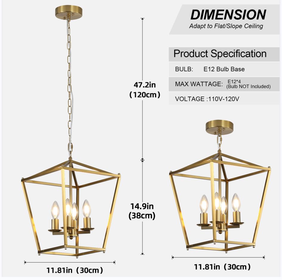 Gold Pendant Light for Dining Room, Lantern Chandelier Light Fixture 4 Lights for Kitchen Island Adjustable Brass Geometric Hanging Light for Foyer Entryway