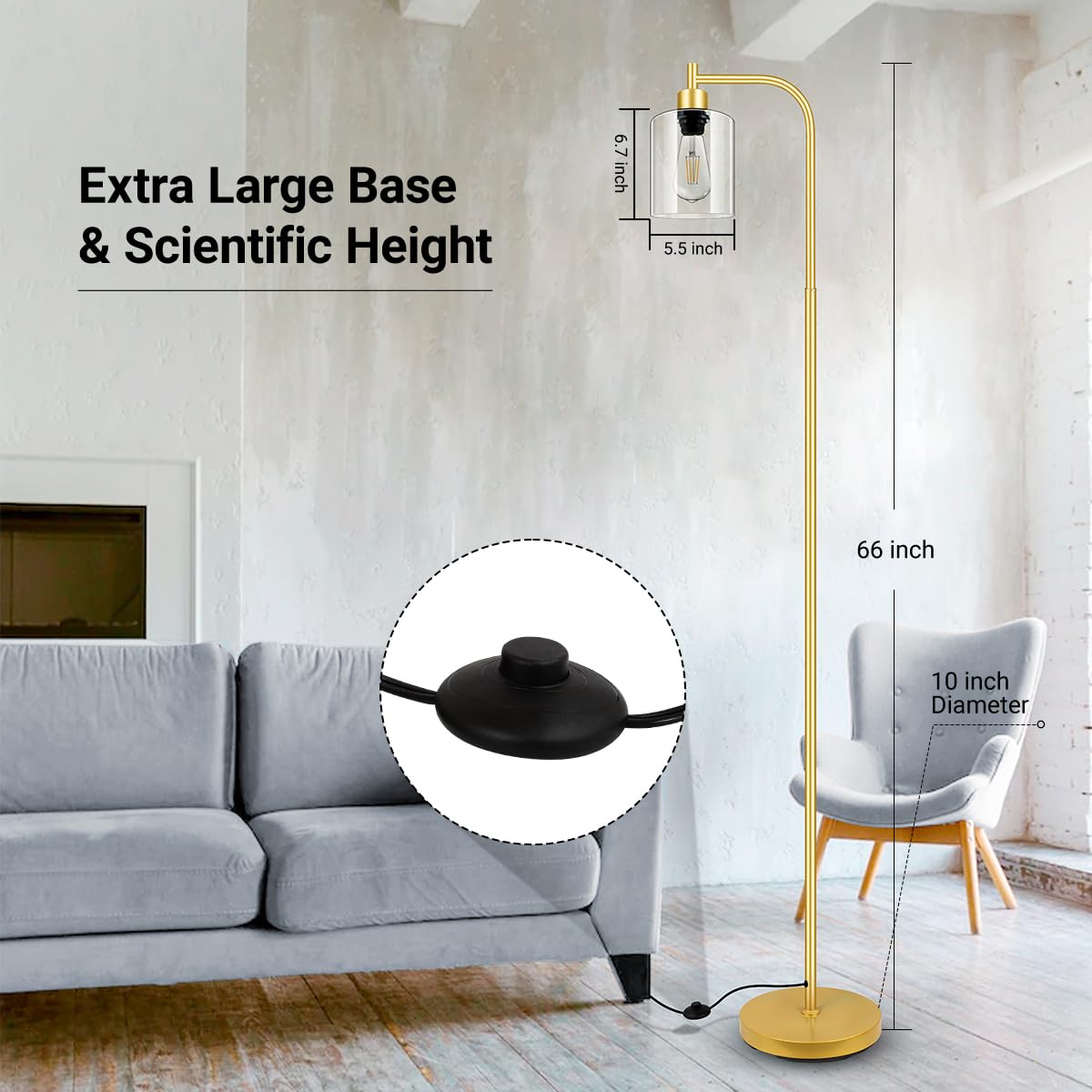 Floor Lamp, 6W Black Modern Floor Lamp with 4W Adjustable Reading Lamp, 2700K Energy-Saving LED Bulbs Included, Industrial Bright Floor Lamp for Bedroom, Living Room and Office