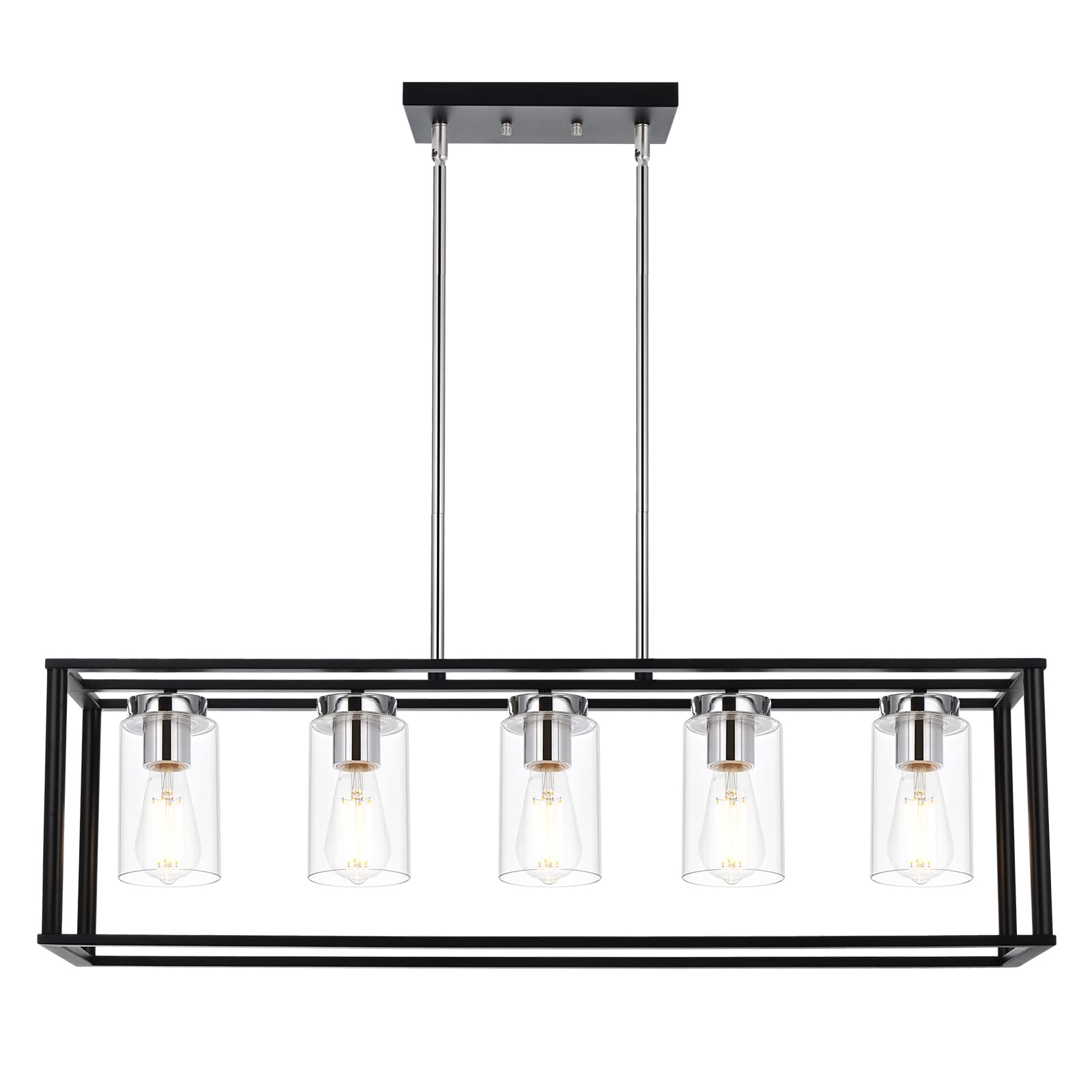 VINLUZ Contemporary Chandeliers Brushed Nickel 5 Light Modern Dining Room Lighting Fixtures Hanging, Kitchen Island Linear Pendant Lights Farmhouse Flush Mount Ceiling Light with Glass Shade