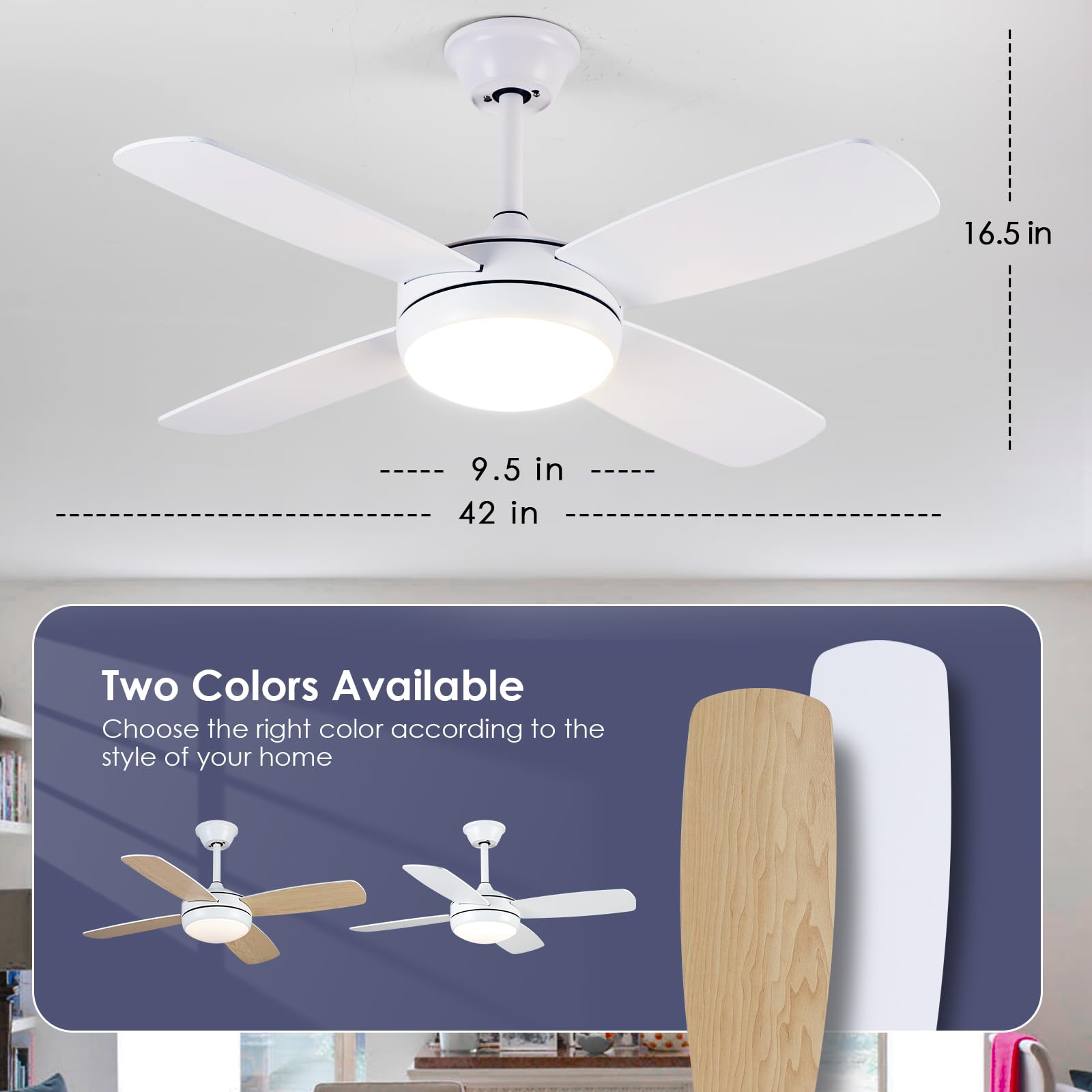 Ceiling Fans with Lights - 42" Black Outdoor Ceiling Fan with Light and Remote, Dimmable and Reversible Motor, Modern Low Profile Ceiling Fan Lights for Indoor Bedroom/Outdoor Covered Patio…