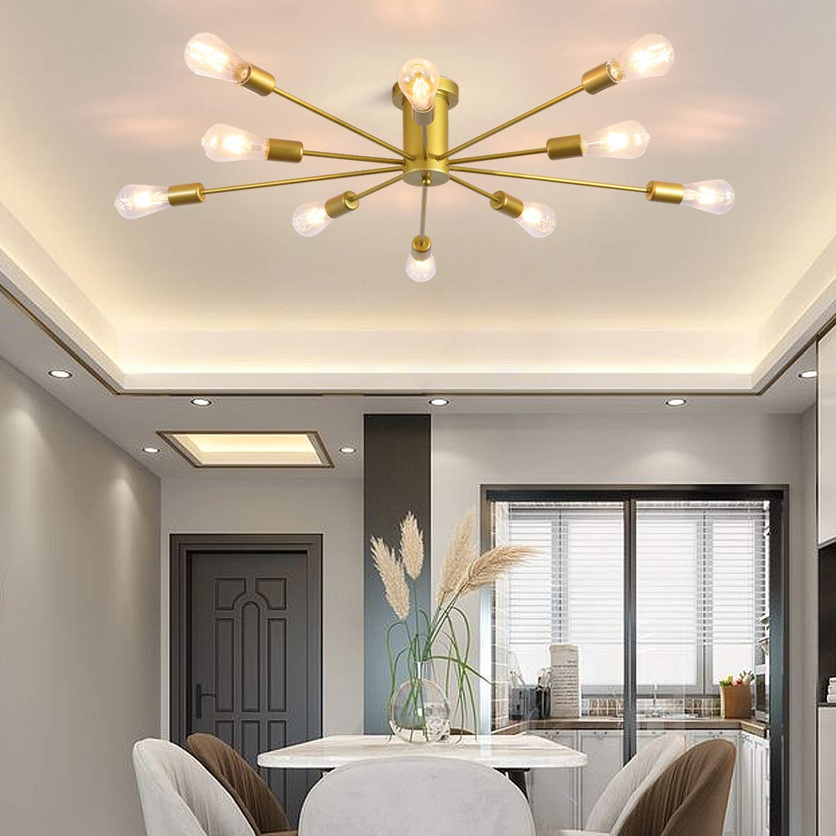 10 Lights Modern Sputnik Ceiling Chandelier Gold Industrial Ceiling Lamp Mid Century Semi Flush Mount Ceiling Light Fixture for Kitchen Dining Room Living Room Bedroom Foyer Lighting