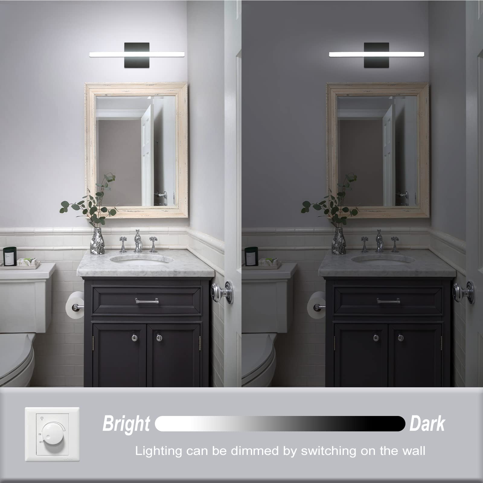 LED Bathroom Vanity Light Bar 16 Inch 9W Black IP44 Over Mirror Lighting Fixture Wall Sconce Indoor Modern Cool White 6000K