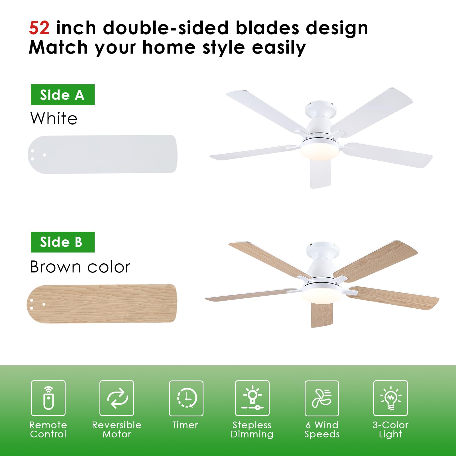 Ceiling Fans with Lights- 46"Low Profile Indoor Ceiling Fan with Light and Remote/APP Control, Flush Mount, LED Dimmable DC Reversible Modern Ceiling Fan for Bedroom（Black）