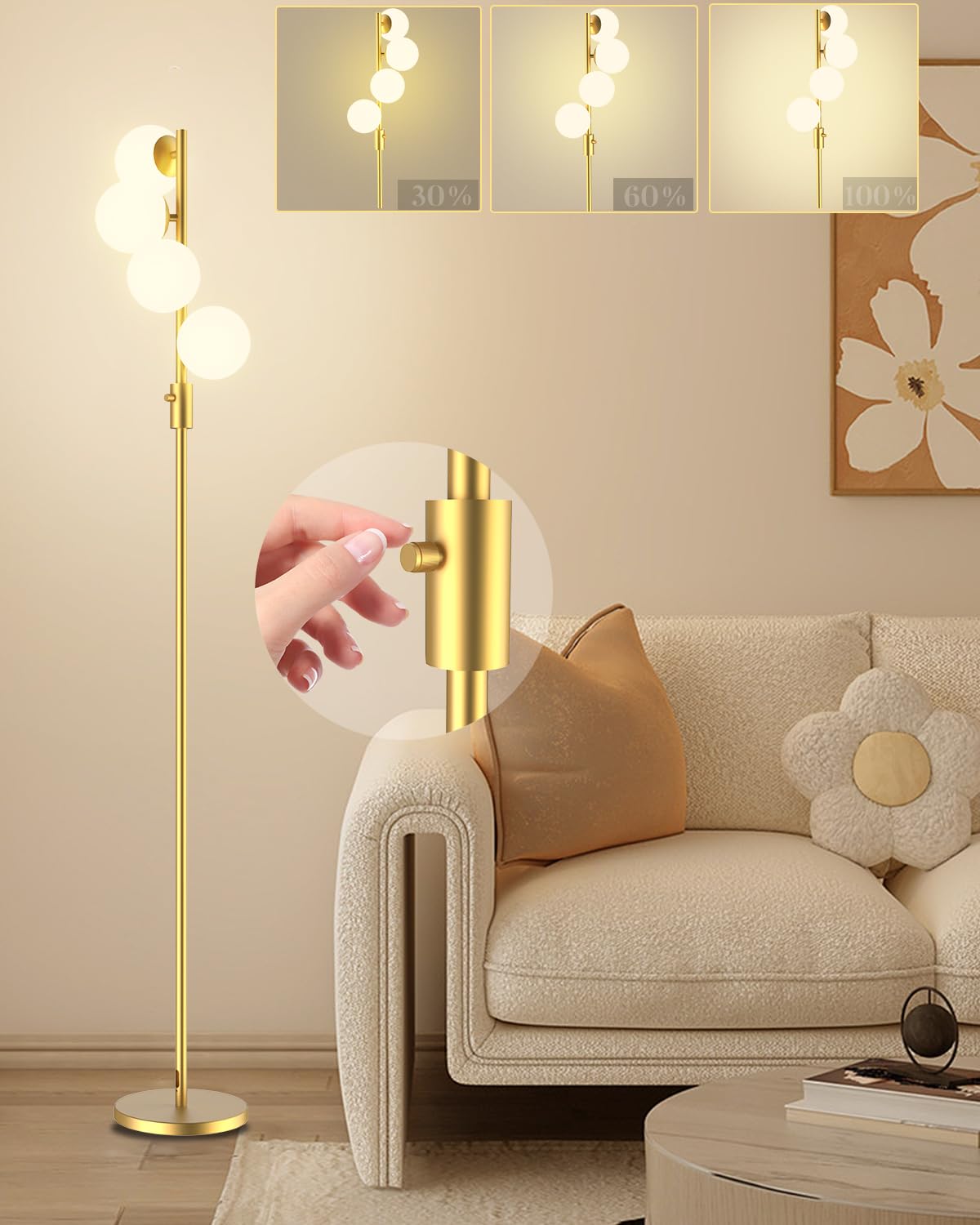 Dimmable Globe Floor Lamp, Gold Standing Lamps with 4PCS 3000K G9 Bulbs Soft Warm White Eye Care, Mid Century Modern Floor Lamp for Living Room