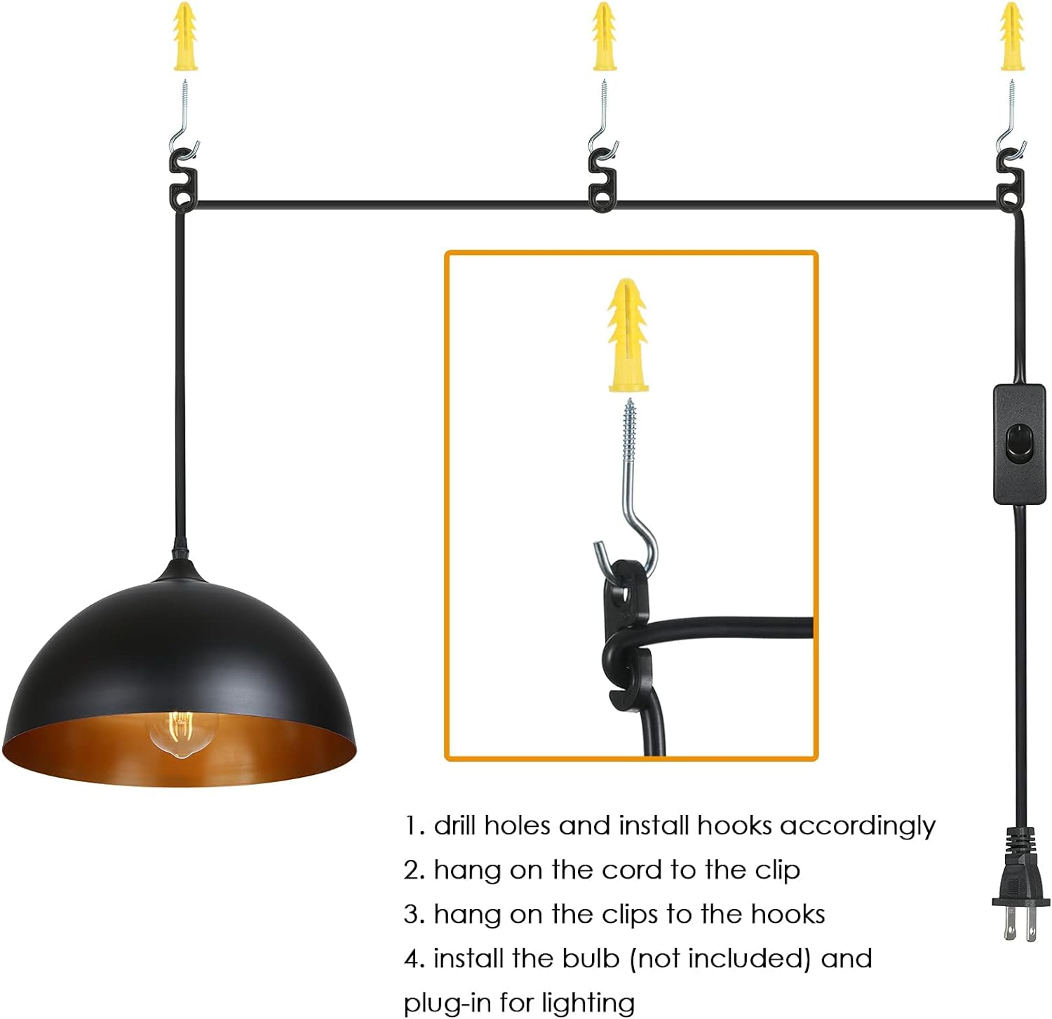 Plug in Pendant Light, Metal Dome Hanging Pendant Light 2 Pack with 15FT Plug in Cord, On/Off Switch, for E26 Bulbs, Black Barn Pendant Light for Farmhouse Kitchen, Dining, Bedroom 2 Pack