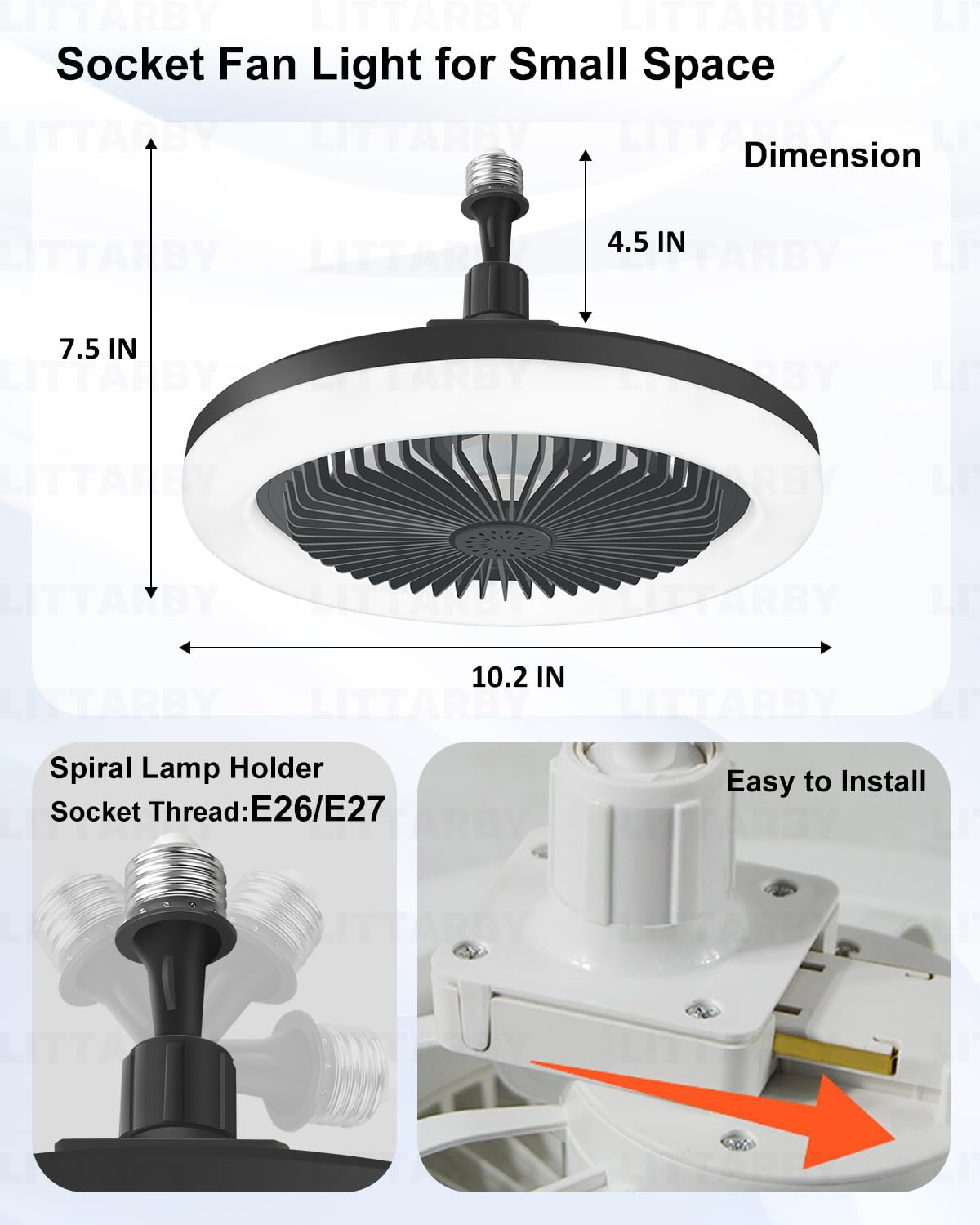 Ceiling Fans with Lights, Socket Fan Light with Remote Control, Dimmable Brightness 3000K-6500K Memory, Socket Modern Flush Mount Low Profile Ceiling Fan for Bedroom, Small Living Room, Kitchen Black