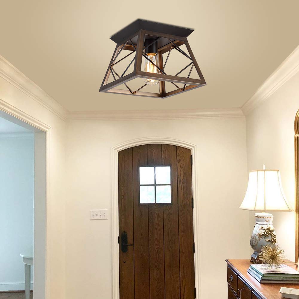 Farmhouse Ceiling Light Oak Semi Flush Mount Vintage 4-Light Square Rustic Island Light Fixtures for Entryway Hallway Dining Room Living Room Bedroom