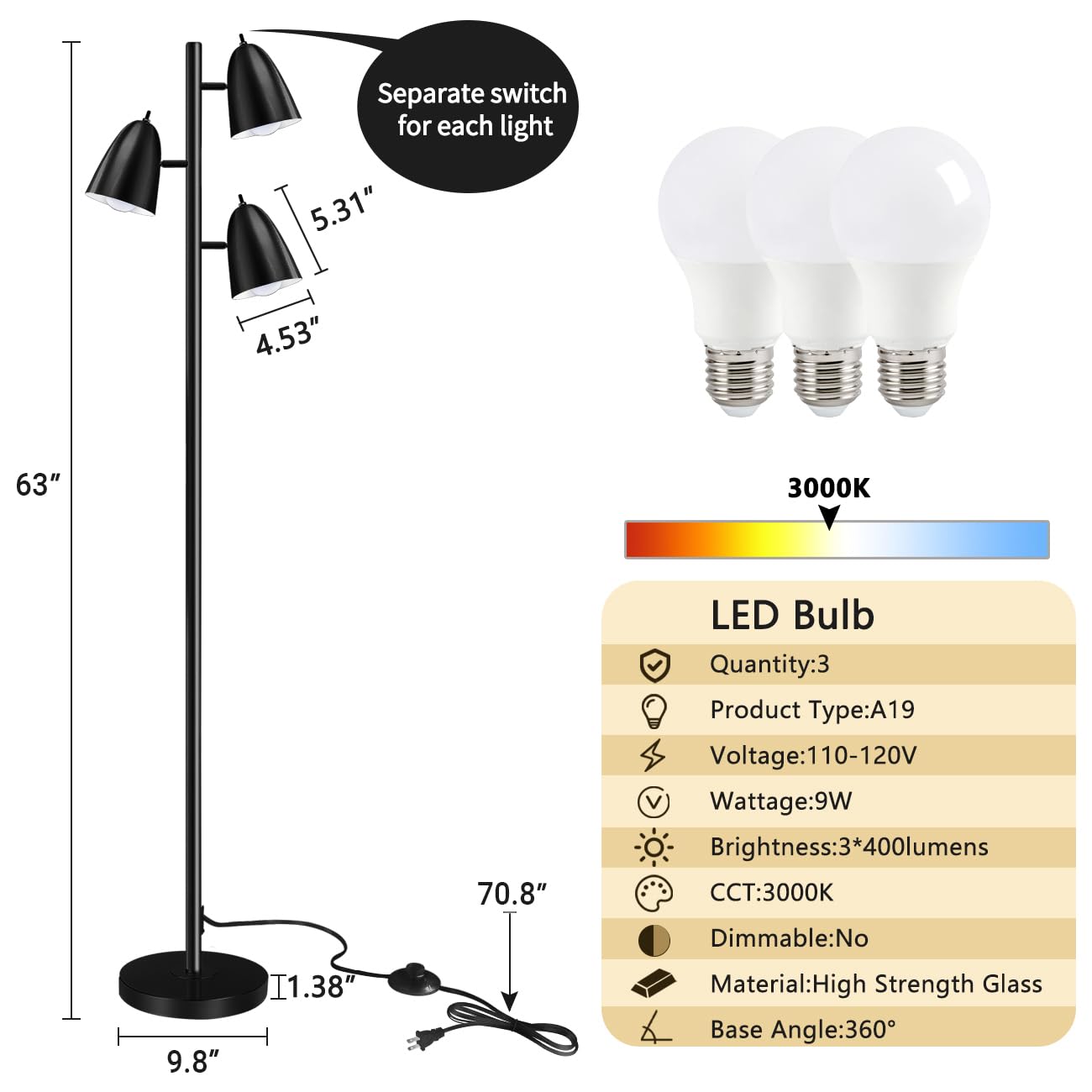 Tree Floor Lamp with 3 Light Bulbs, Standing Tall Pole Lamps for Living Room Bedroom Office, Reading Stand up Lamps with 3 Adjustable Arms, Brushed Gold