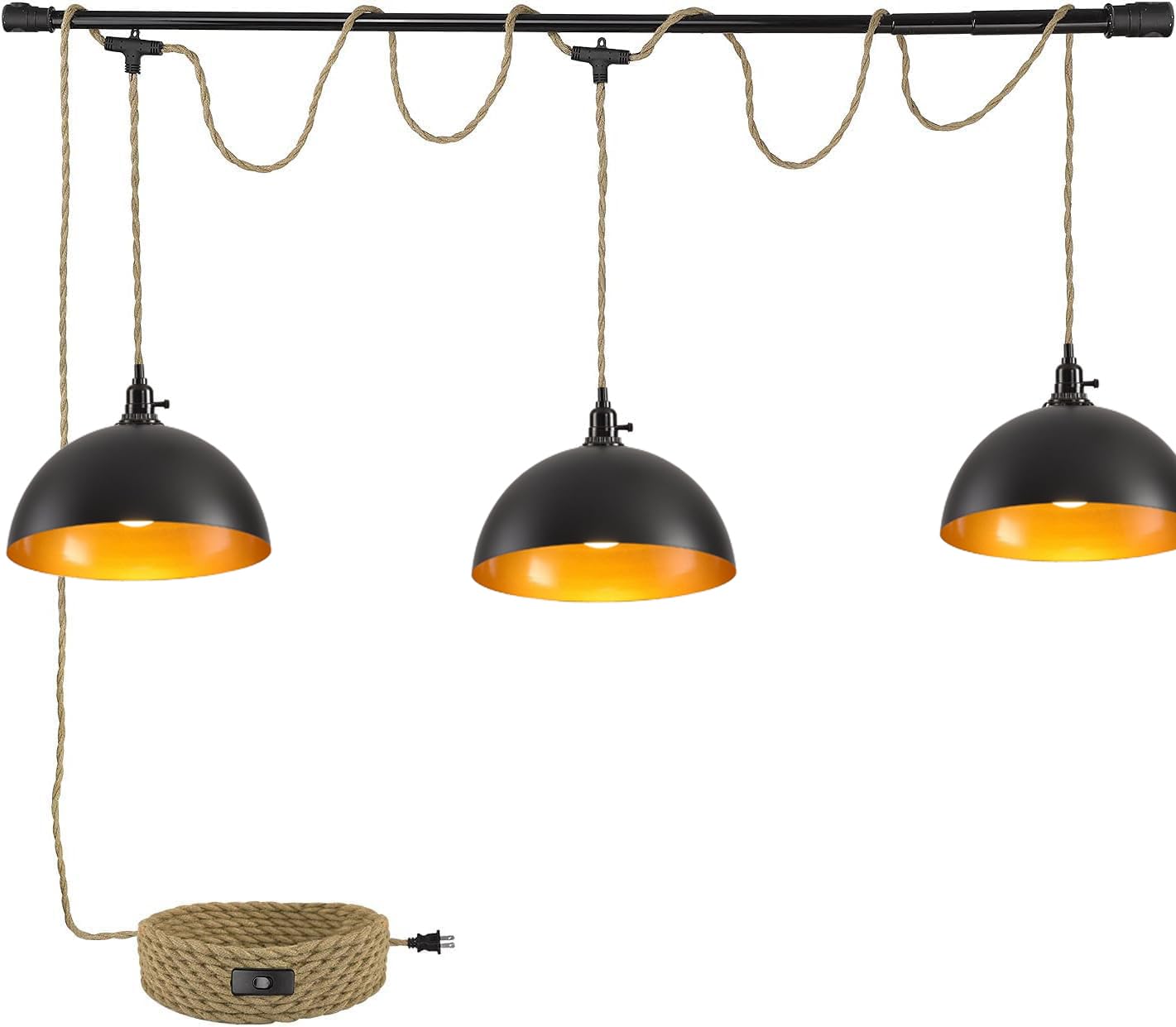 Triple Pendant Light with Plug in Pendant Light,22FT Industrial Hanging Lamp with Twisted Hemp Rope Independent Triple Switch Hanging Light Chandelier,Black Finish