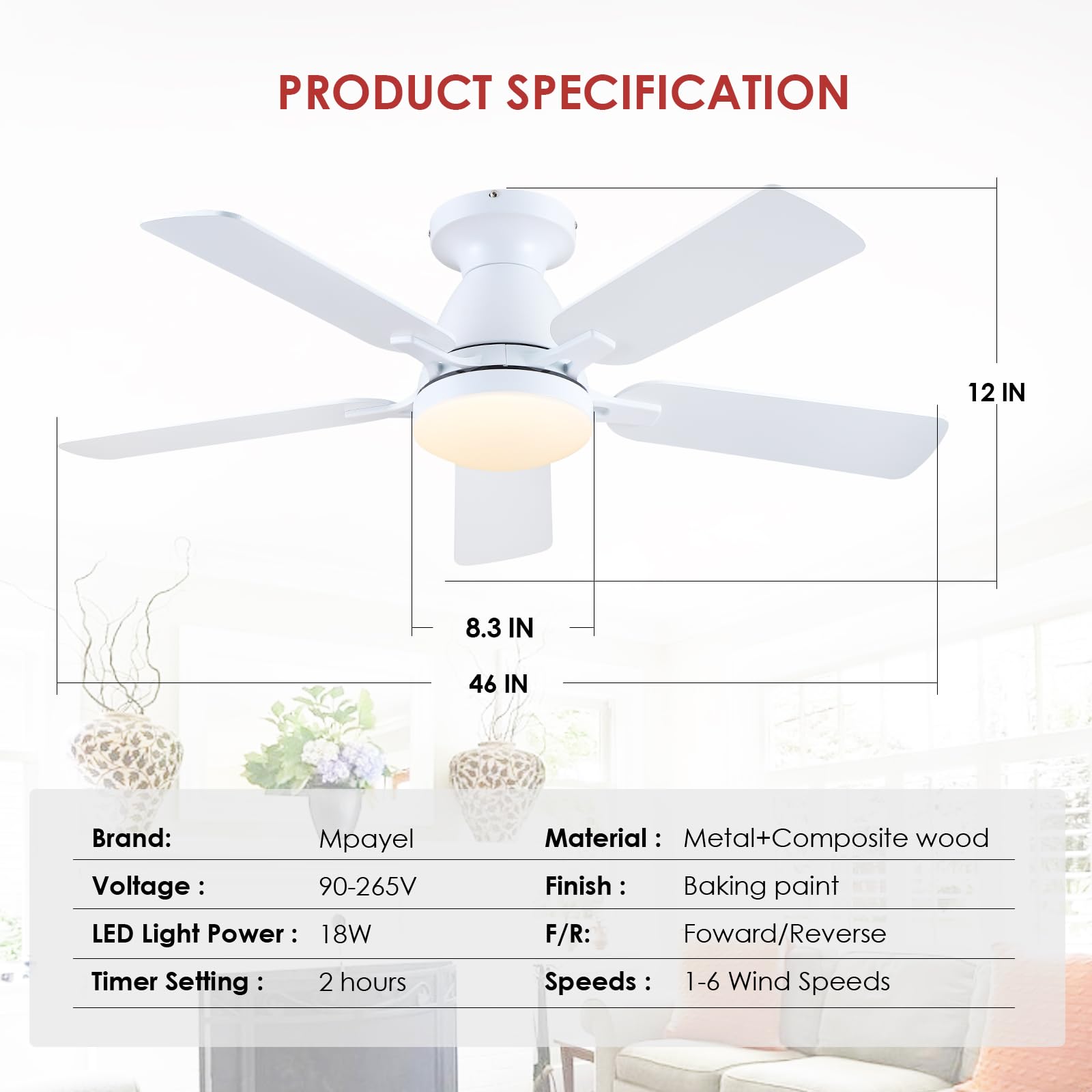 Ceiling Fans with Lights- 46"Low Profile Indoor Ceiling Fan with Light and Remote/APP Control, Flush Mount, LED Dimmable DC Reversible Modern Ceiling Fan for Bedroom（Black）