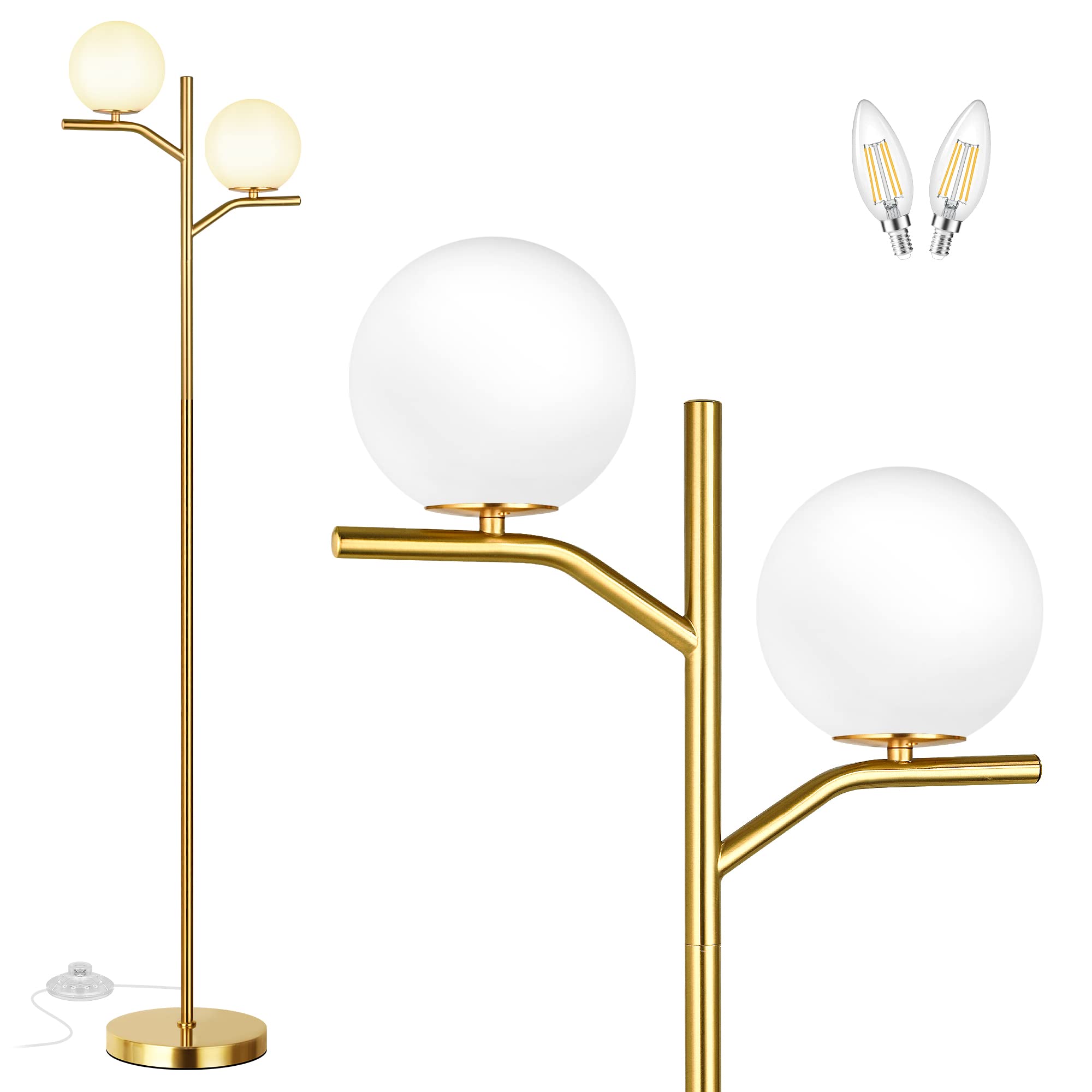 Modern Floor Lamp for Living Room, Gold Standing Lamp for Bedroom with Globe Glass Shade, 68" Mid-Century Tall Pole Tree Lamps Light Home Decor, Antique Brass(LED Bulbs Included)