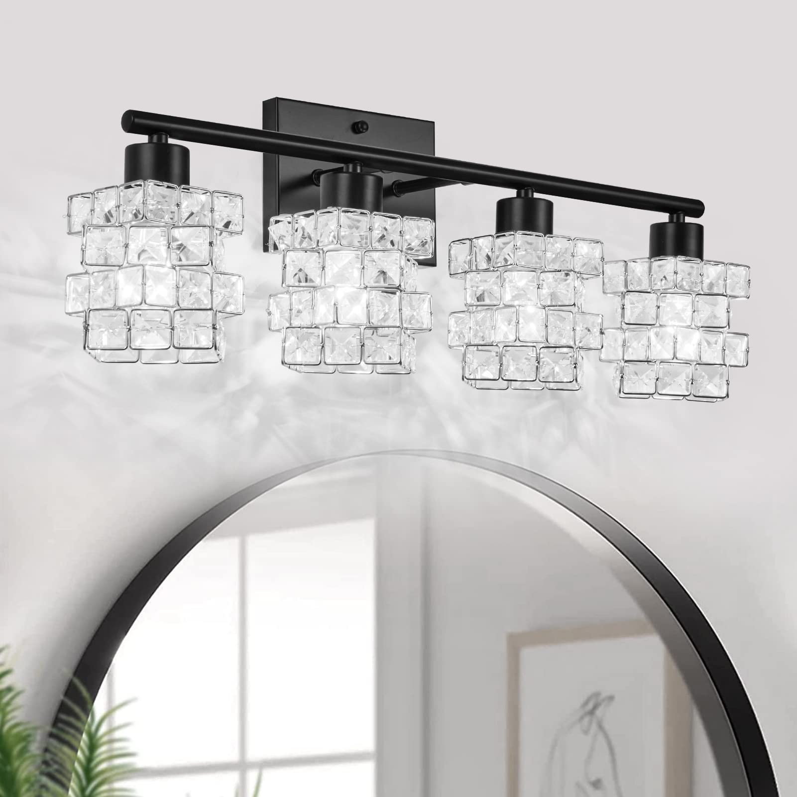 3 Lights Bathroom Vanity Light, Crystal Bathroom Light Fixture Over Mirror, Matte Black & Crystal Rotateable Indoor Wall Lights | Chrome Glass Modern Lampshade for Sink, Mirror & Foyer Corridor