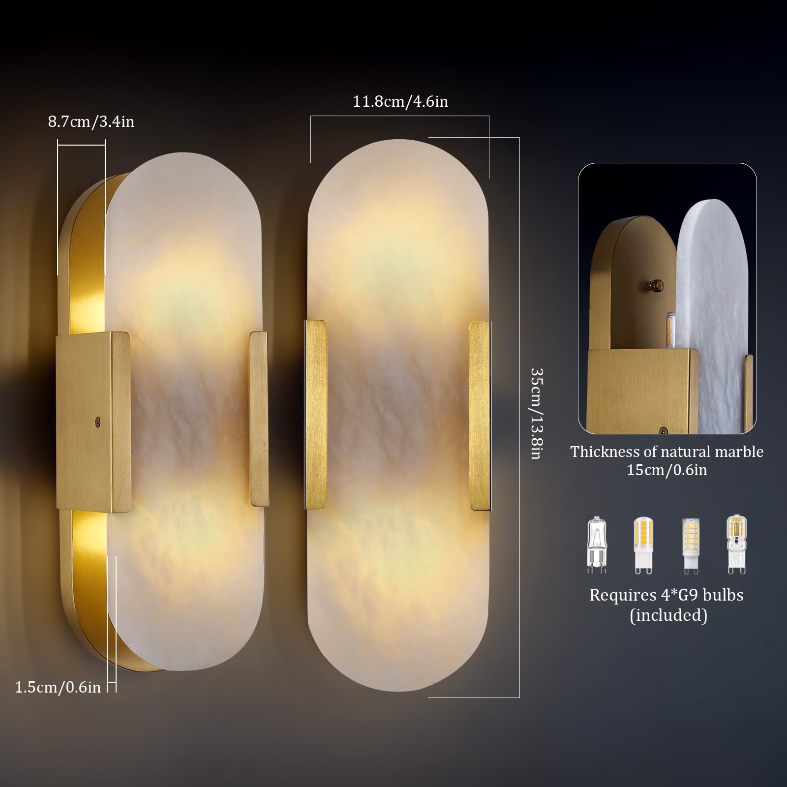 13.8 in Brass Alabaster Wall Sconces, Natural Marble Wall Sconces Set of Two Indoor Alabaster Sconces for Living Room Modern Alabaster Sconces Wall Lighting for Dining Room Stairs Bedroom