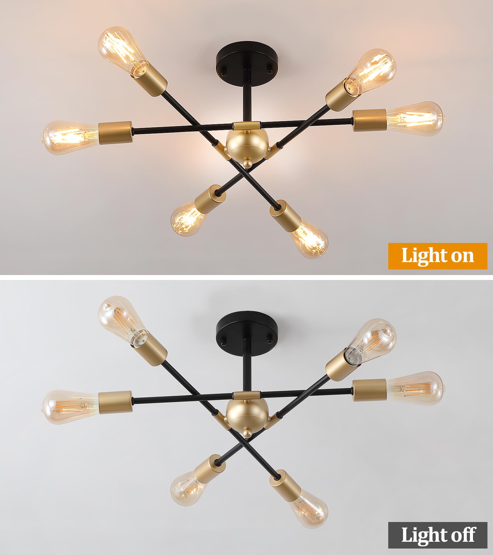 Gold Modern Sputnik Chandelier Ceiling Light Fixtures,6-Lights Industrial Metal Semi Flush Mount Ceiling Light for Bedroom Dining Room Living Room Kitchen Hallway UL Listed