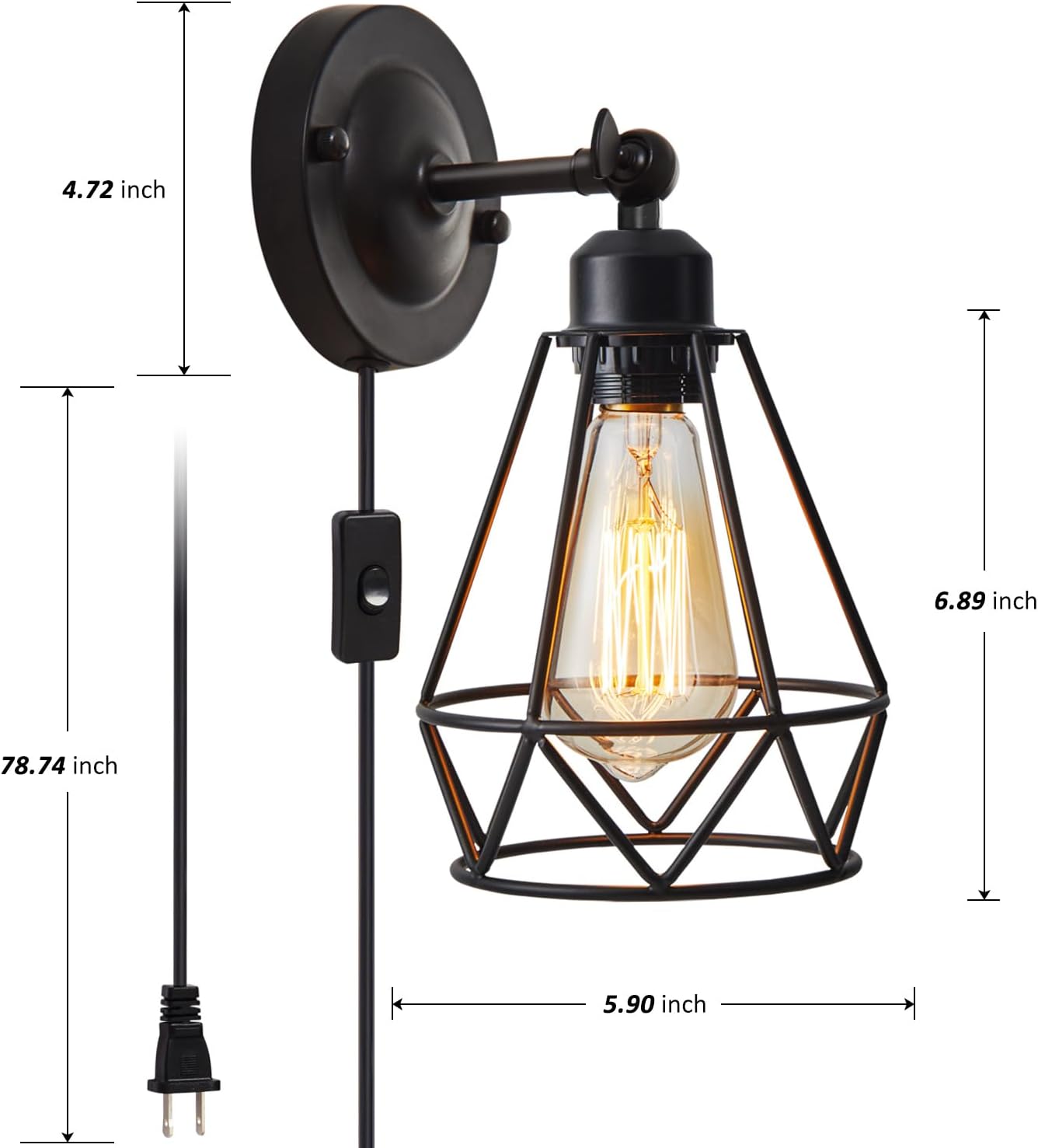 Plug in Wall Sconce, Industrial Sconces Wall Lighting, Vintage Wall Lamp with Plug in Cord, Rustic Black Wall Sconce Fixture, On/Off Switch Wall Light Fixture for Kitchen Bedroom Porch 2 Pack