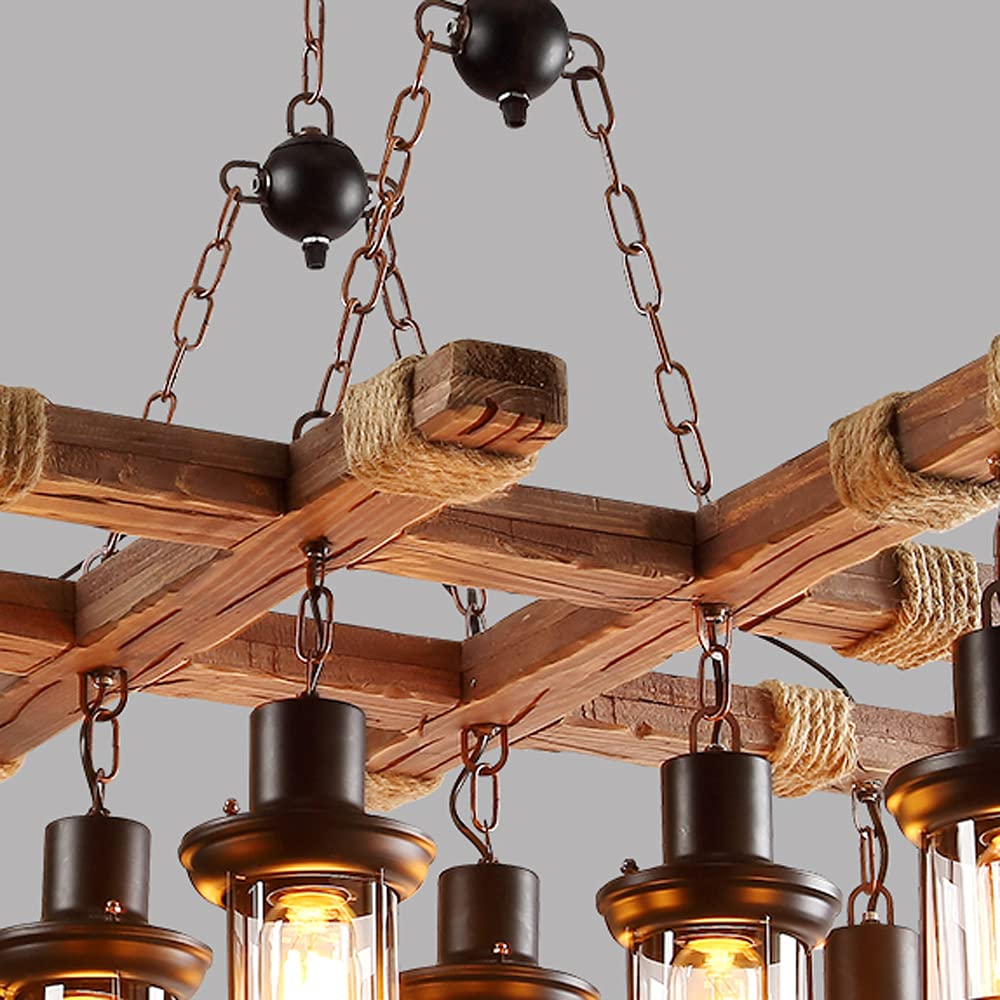 TFCFL 6 Lights Industrial Vintage Hanging Pendant Light Wooden Chandelier Ceiling Light Retro Wooden Light Suspension Lighting Fixture Retro Loft Lantern Chandelier Lights Handmade Lighting Products