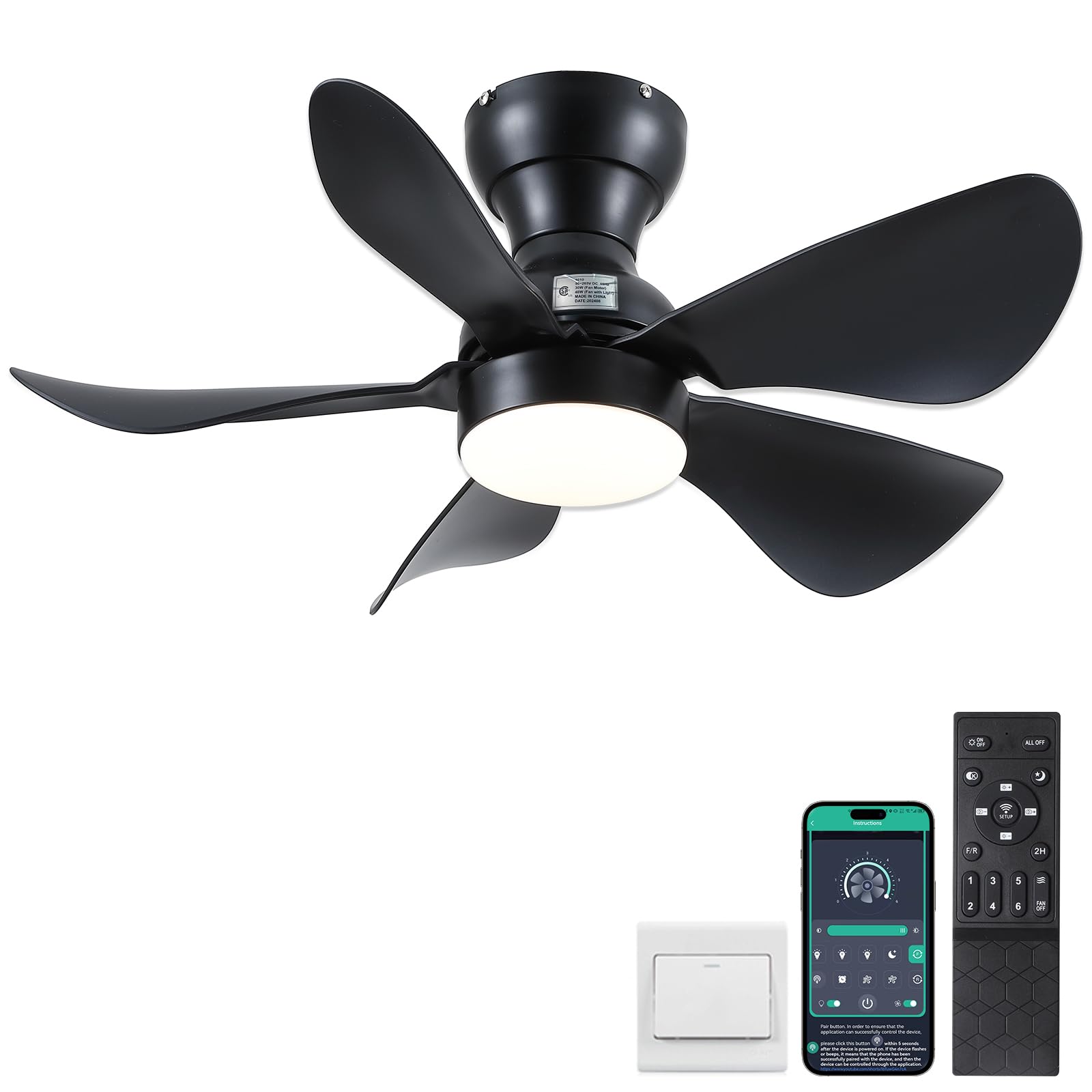 Ceiling Fans with Lights and Remote/APP Control, 30 inch Low Profile Ceiling Fans with 5 Reversible Blades 3 Colors Dimmable 6 Speeds Ceiling Fan for Bedroom Kitchen Dining Room, White