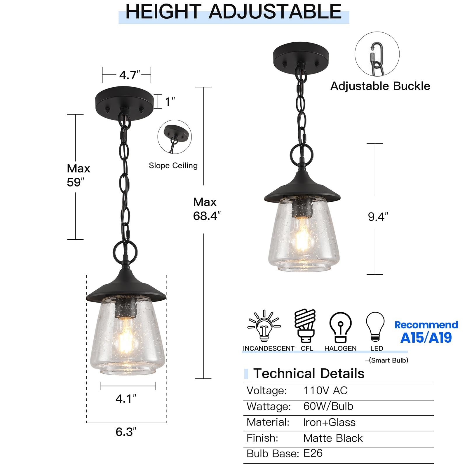 Outdoor Pendant Light, Black Outdoor Porch Light fixtures with Anti-Rust, Exterior Hanging Lantern, Height Adjustable Outside Chandelier with Water Glass for House Patio Garage