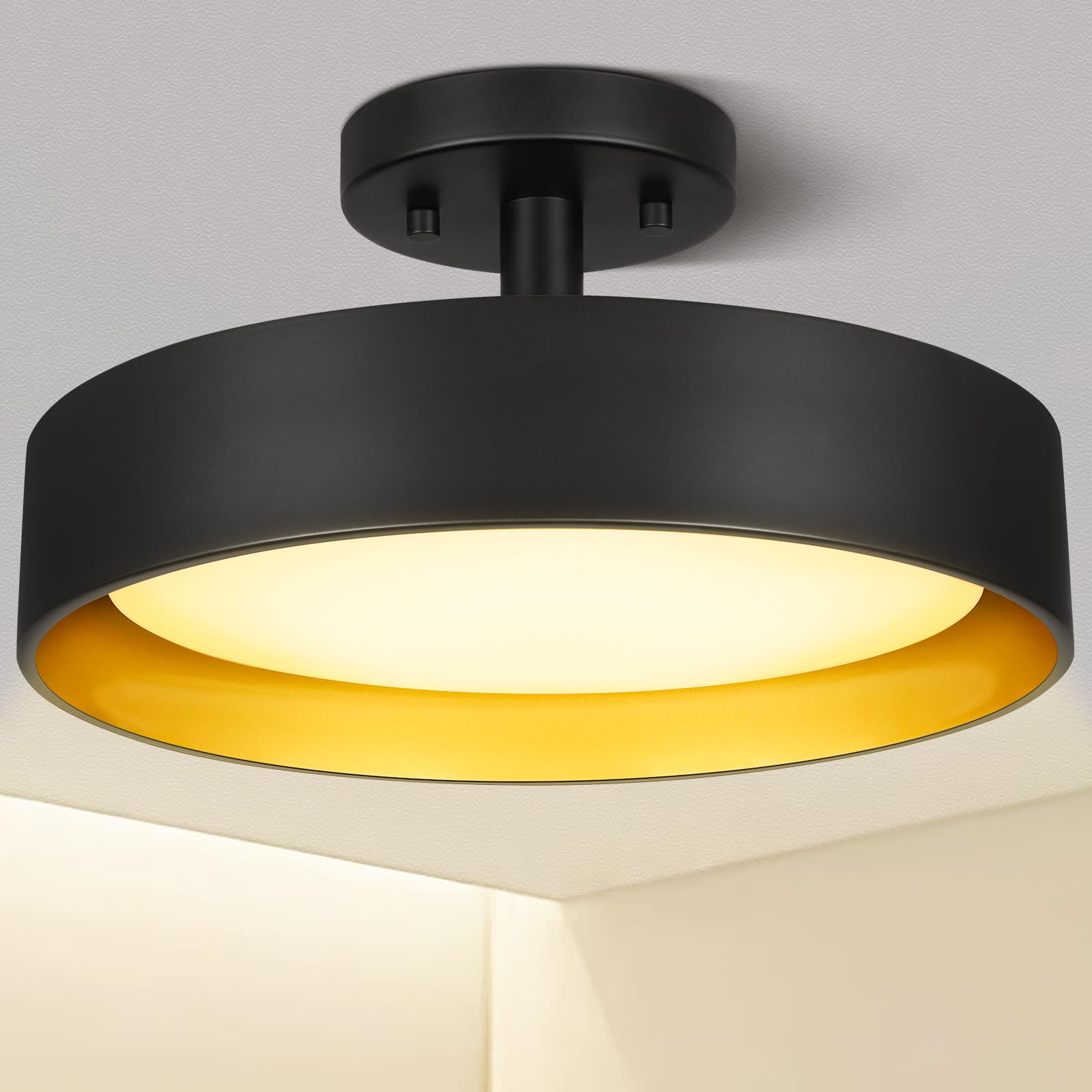 Semi Flush Mount Ceiling Light, 12 Inch 25W LED Ceiling Light Fixture Black, Gold Inside, 5000K Daylight White, Dimmable Lighting for Hallway