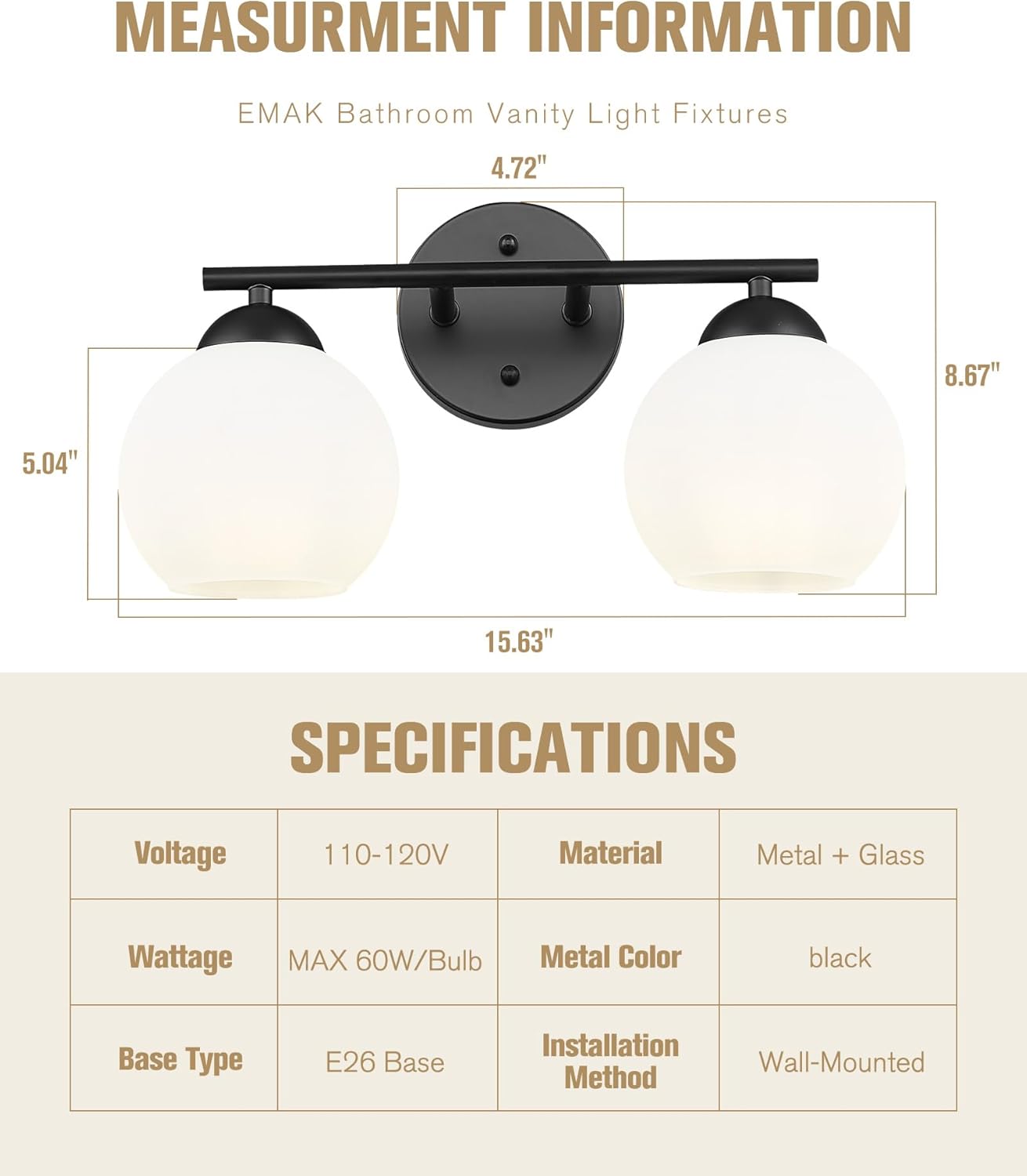 Black Vanity Lights for Mirror, Modern Farmhouse 2-Light Bathroom Light Fixtures Globe Bathroom Vanity Light with Milk Glass Shade, VL114-BK-ML-2