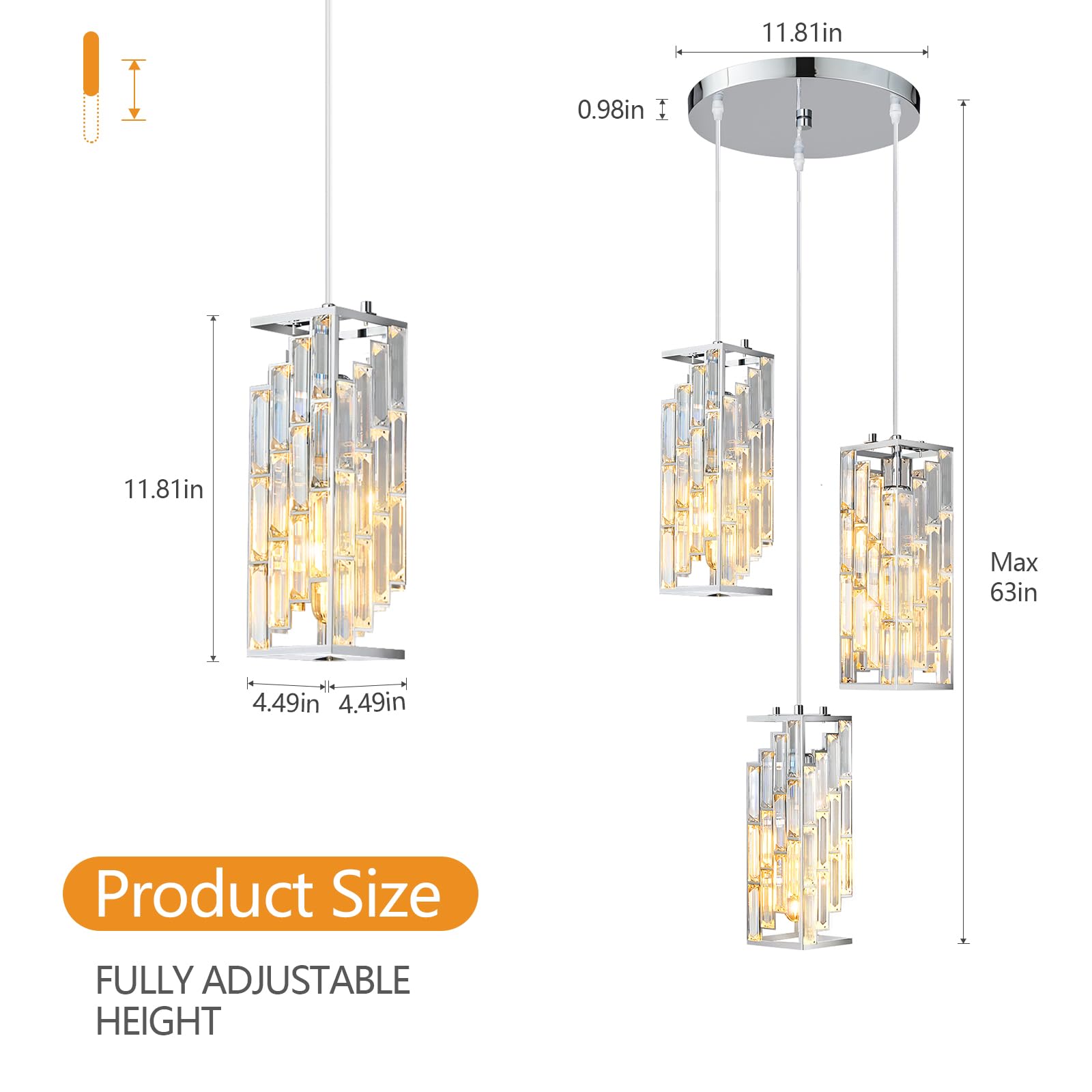 Gold Pendant Lighting Modern Pendant Light, Mini Crystal Chandeliers,Adjustable Pendant Light Fixture for Kitchen Island Dinning Room Bedroom (3 Pack)