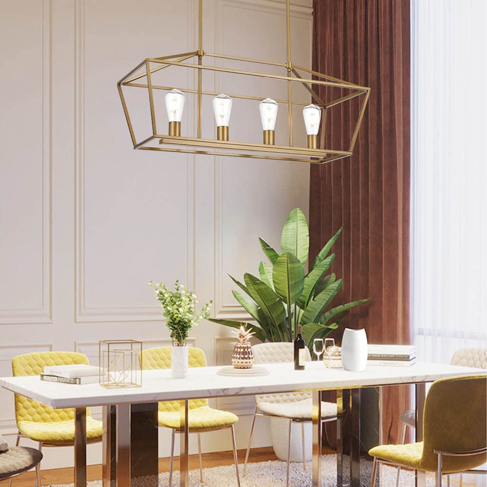 Modern 4 Light Farmhouse Chandelier Gold Linear Kitchen Island Pendant Light Traditional Rectangular Dining Room Lighting Fixture Hanging Metal Cage Pendant Lamp for Hallway Foyer