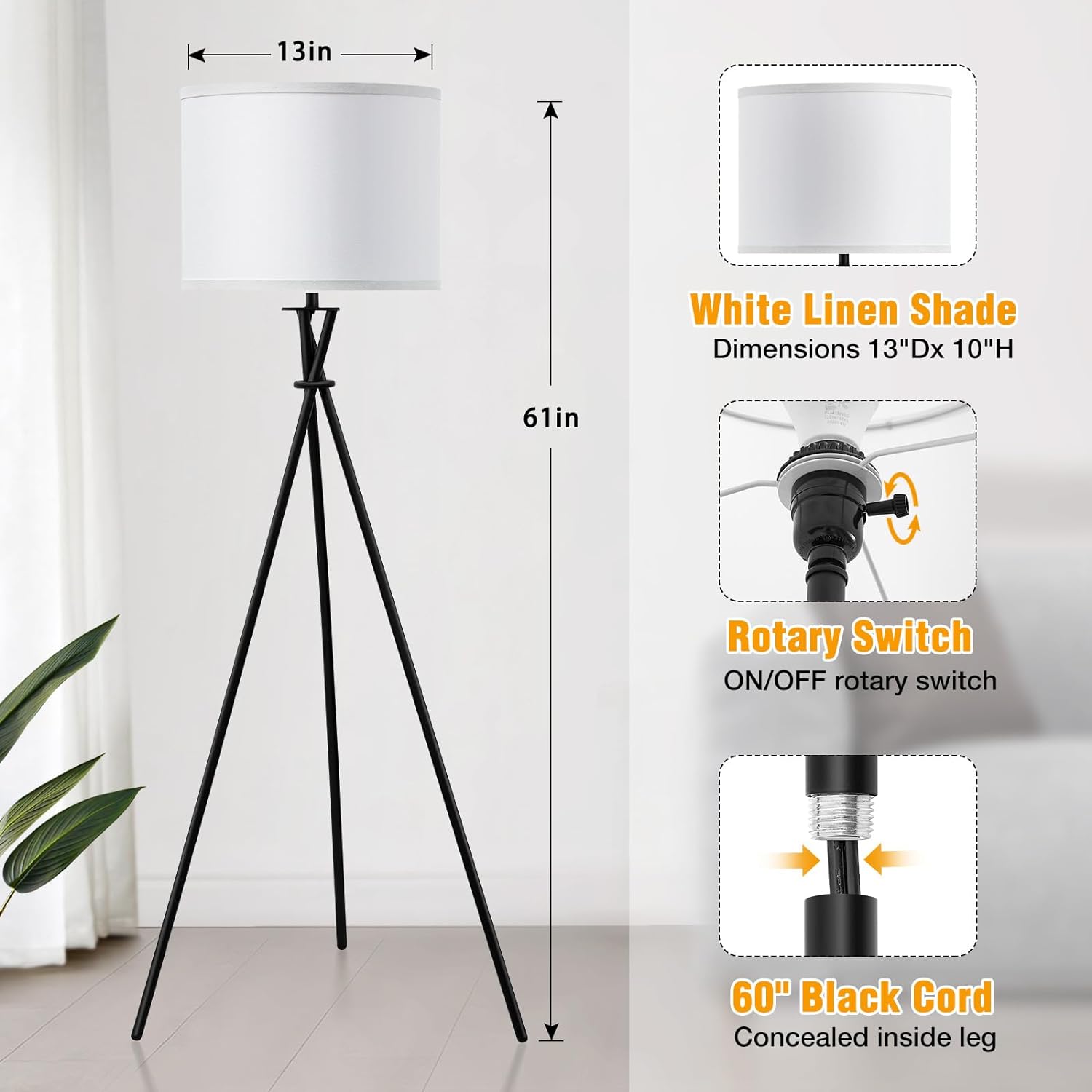 Tripod Floor Lamp, 61” Tall Modern Floor Lamps, Floor Lamp Mid Century, Black Tripod Lamp with White Lampshade, Floor Tripod Lamps for Living Room, Bedroom, Office, Bulb not Include