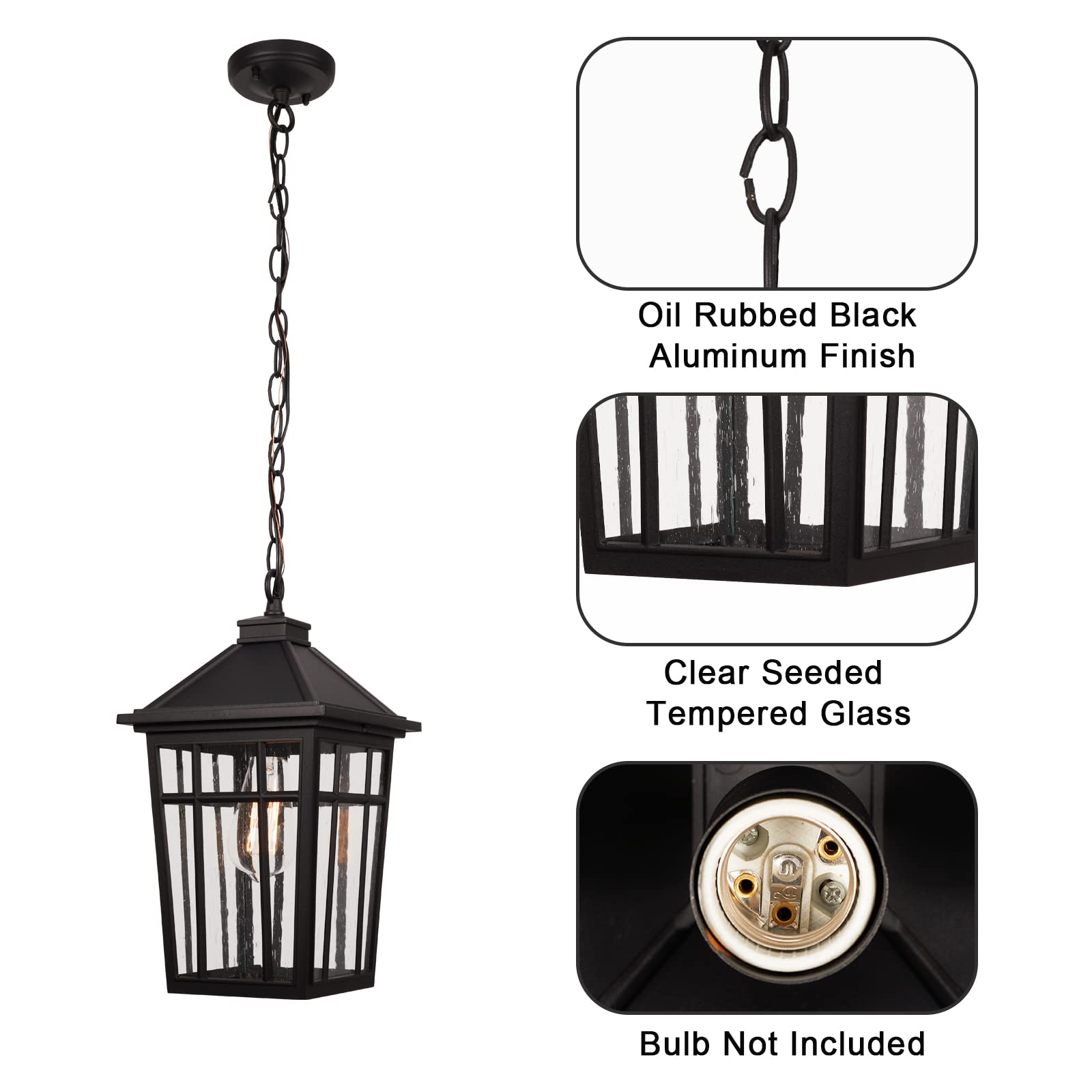 Outdoor Pendant Light Fixture, Outdoor Hanging Light Porch Lights Fixtures Anti-Rust Waterproof Aluminum with Seeded Glass for Porch Entryway Doorway Farmhouse White