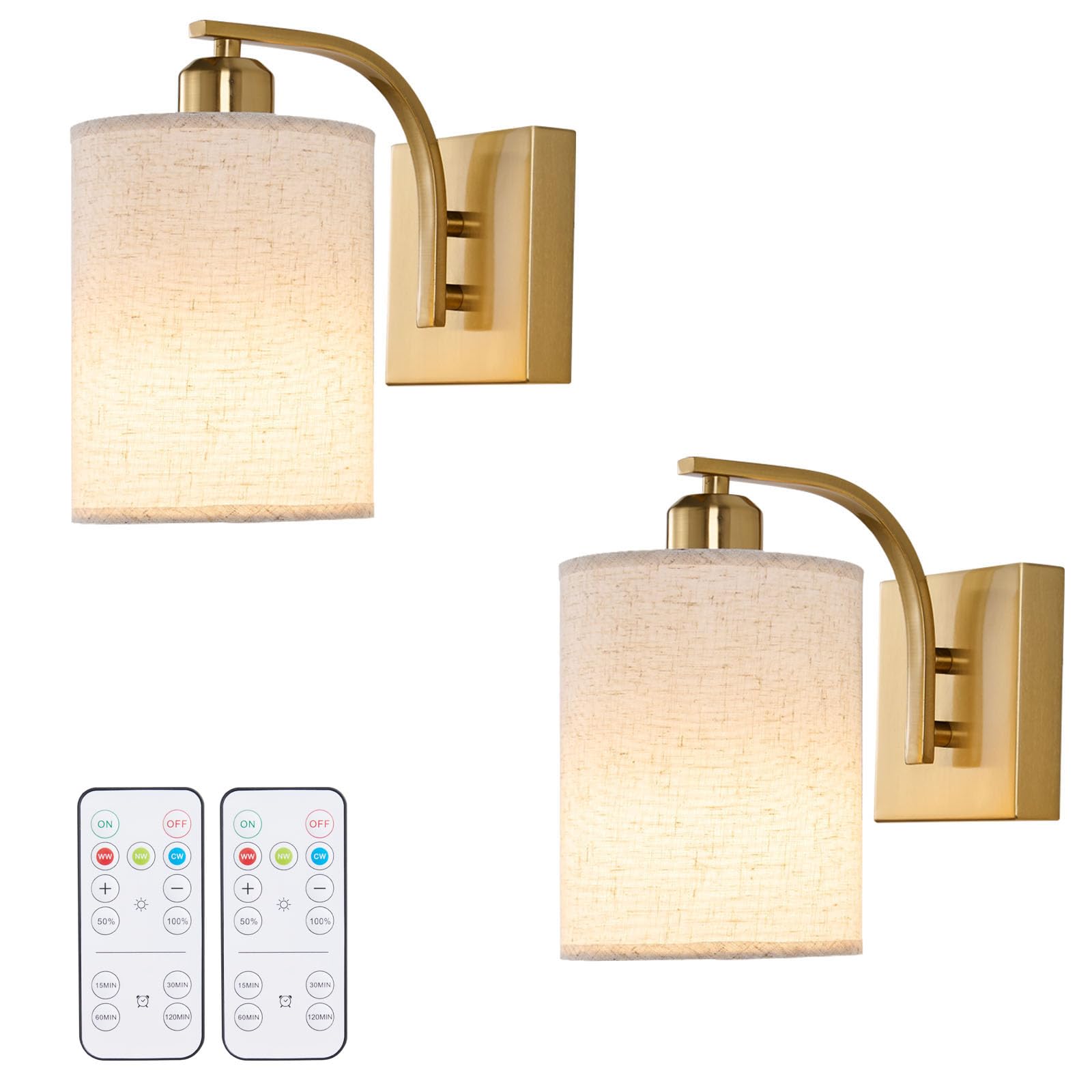 Gold Rechargeable Battery Operated Wall Sconces Set of 2 with Remote, Wireless Dimmable Battery Powered LED Wall Lights, Cordless Wall Lighting Lamp Fixture for Bedroom Living Room