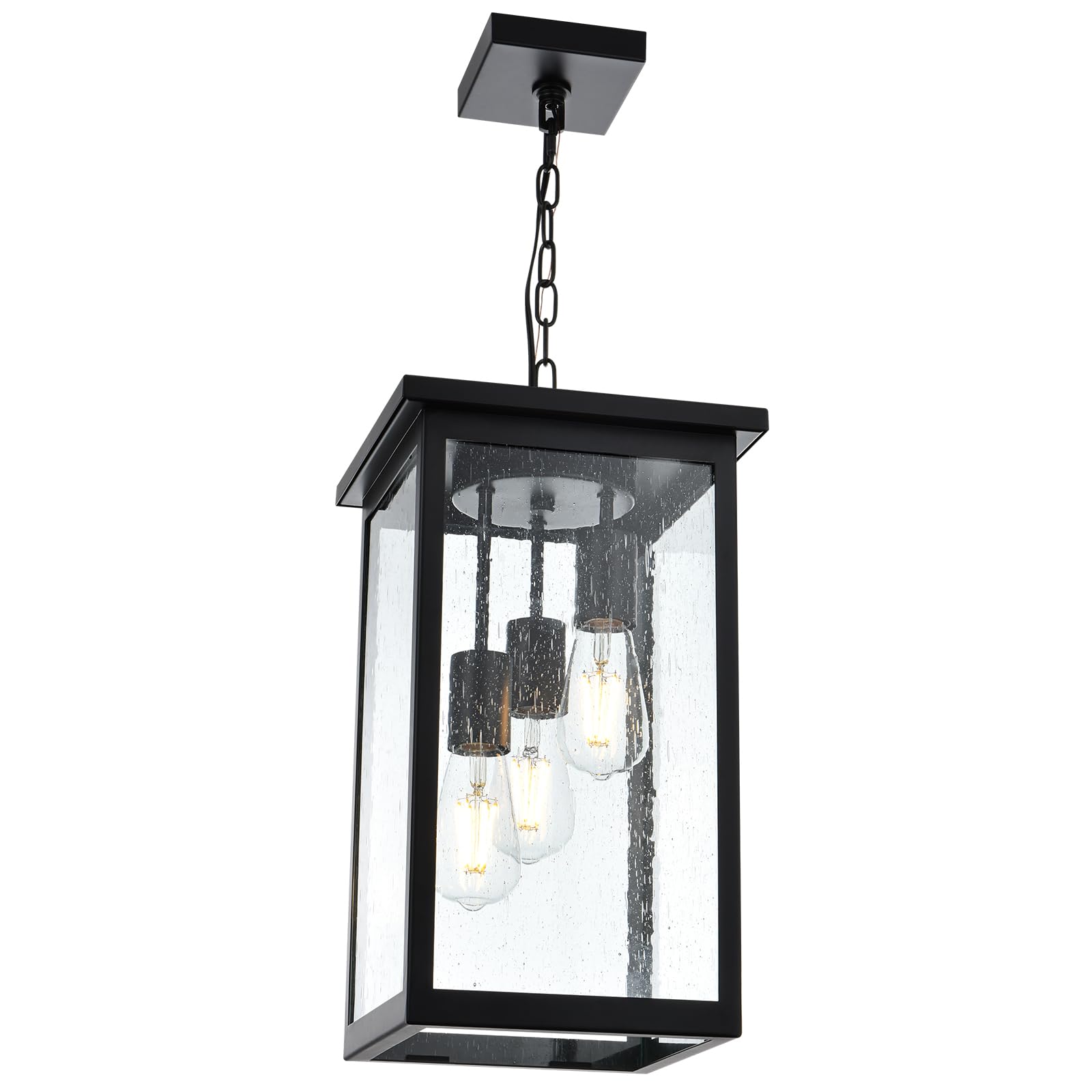 3-Lights Large Outdoor Pendant Light, Black Porch Ceiling Lighting Fixtures with Seeded Glass Panel, Exterior Hanging Lantern Adjustable Chain for Yard Entryway Patio